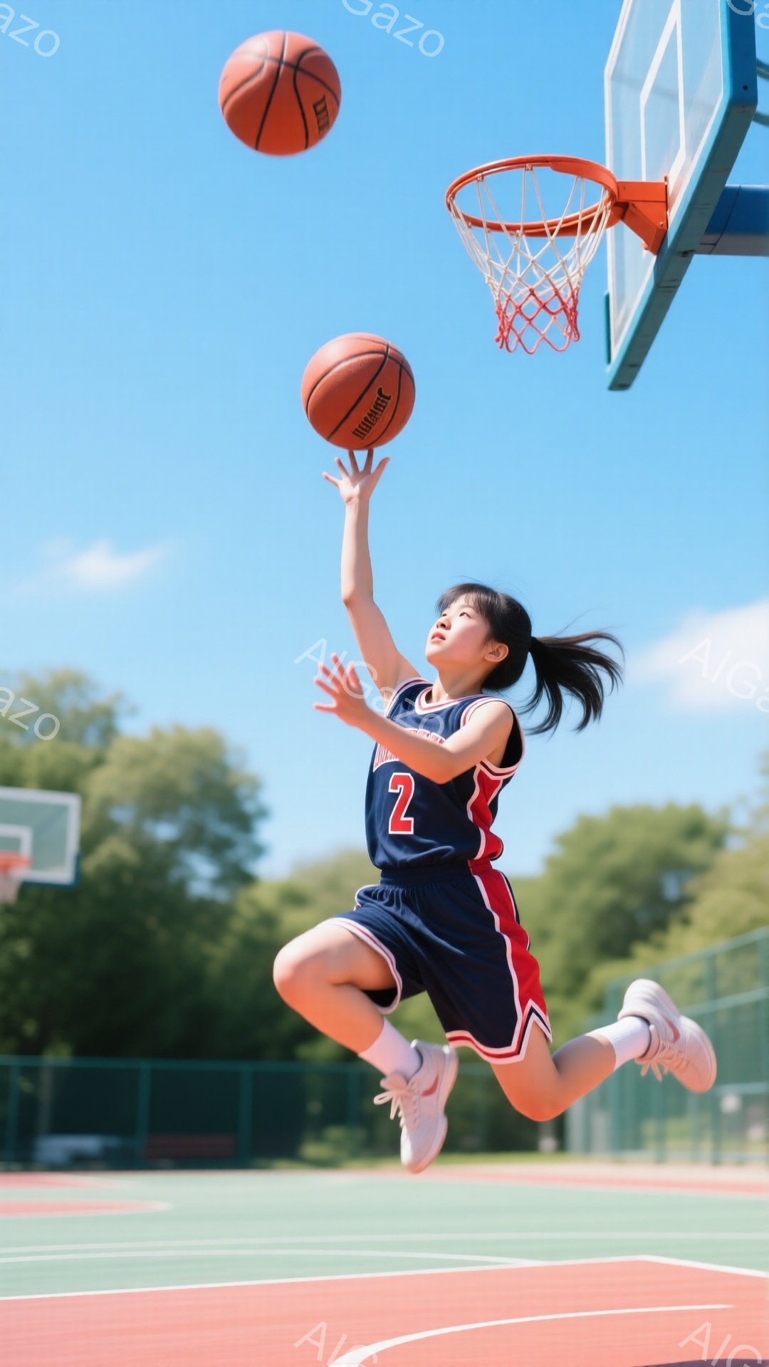 この画像は、紺色のバスケットボールユニフォームを着た若い女性が、屋外のバスケットボールコートでシュートを撮る瞬間を捉えています。彼女は空中で体を大きく広げ、ボールをゴールに向かって放っています。晴れた青空の下、コートは赤と白の配色で、緑の木々が背景に見えます。