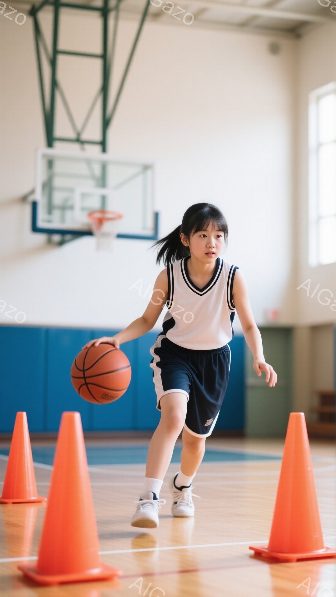黒髪をポニーテールにした少女が、ドリブルでオレンジ色のコーンの間を走っている。白と黒のバスケットボールウェアと白いスニーカーを着用し、集中した表情でボールを見つめている。背景にはバスケットゴールがあり、体育館の床は木製で明るい光が差し込んでいる。