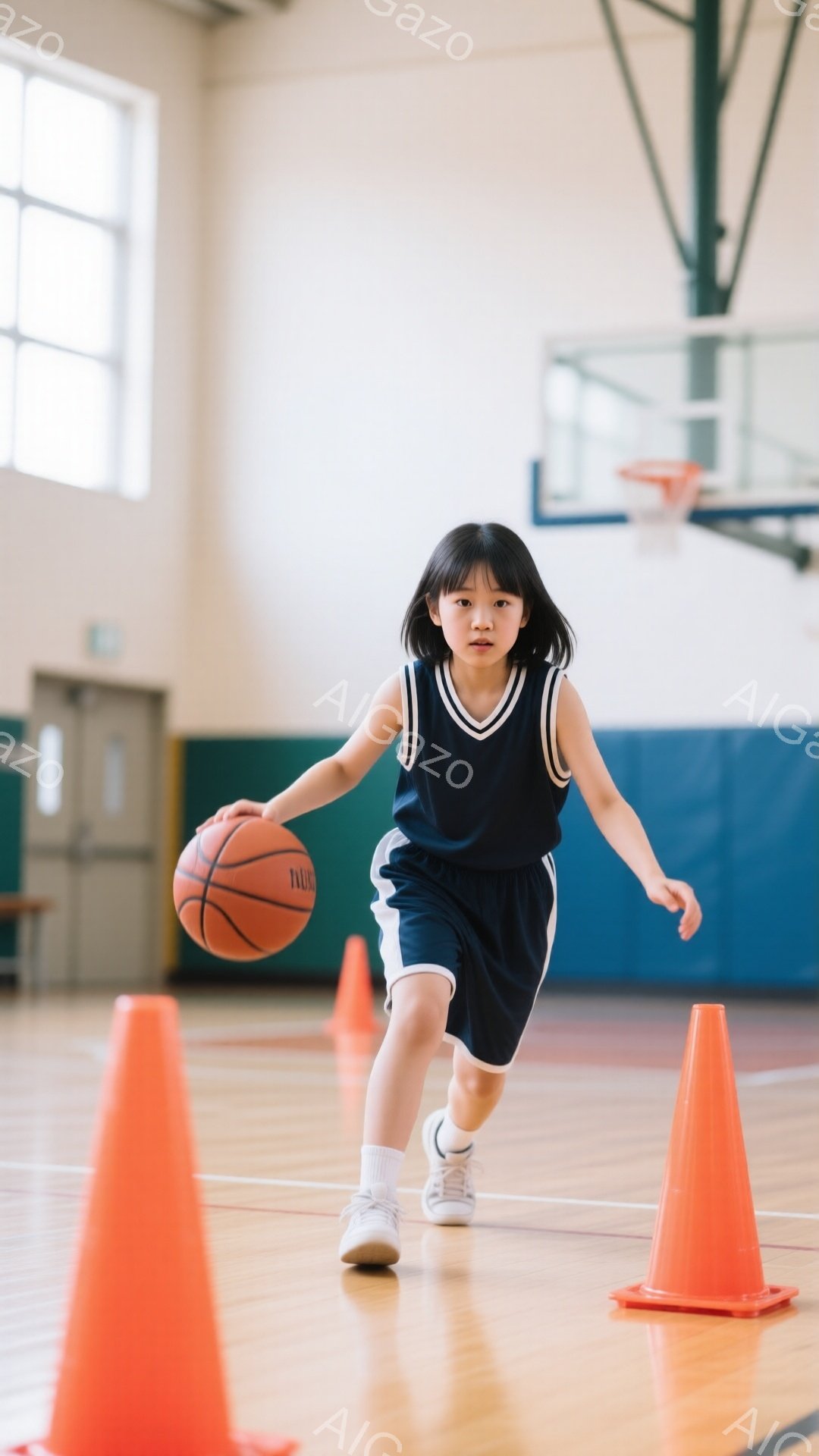 黒髪をハーフアップにした少女が、バスケットボールを持ってドリブルしている様子が写っている。紺色のタンクトップと短いハーフパンツ姿で、白い靴下とスニーカーを履き、体育館の床にあるオレンジ色のコーンの間を走っている。背景にはバスケットゴールが見え、体育館の壁は青色と木目調になっており、明るく活気のある雰囲気である。