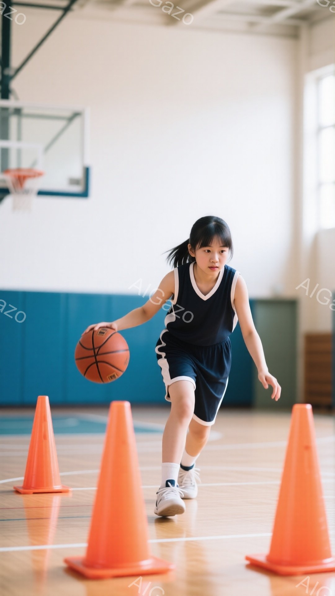 黒いバスケットボールウェアを着た少女が、ドリブルしながらオレンジ色のコーンの間を走っている。彼女はポニーテールで、集中した表情でボールを見つめている。背景にはバスケットゴールが見え、体育館の床は木製で明るい雰囲気だ。