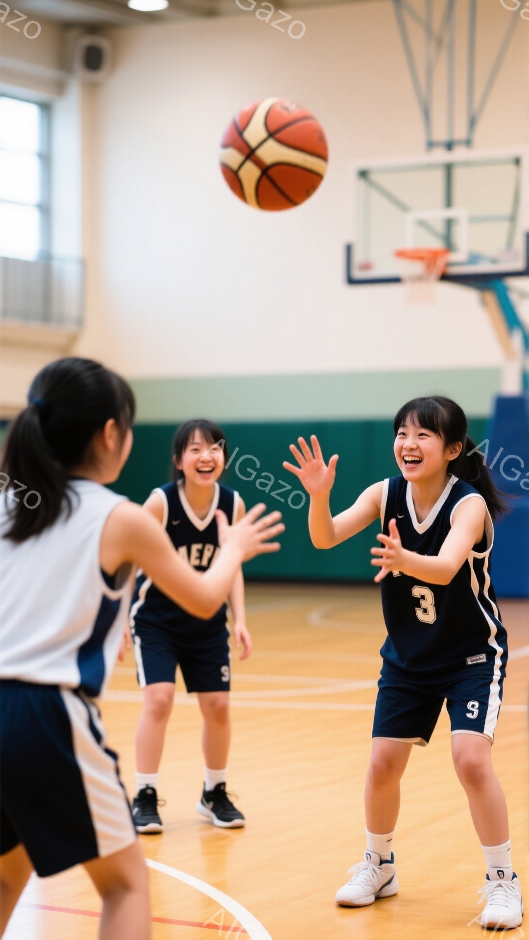 ３人の少女がバスケットボールコートで楽しそうに遊んでいます。紺色のユニフォームと白いシューズを着用し、明るい笑顔を浮かべています。背景にはバスケットゴールが見え、明るい室内で活気のある雰囲気が感じられます。