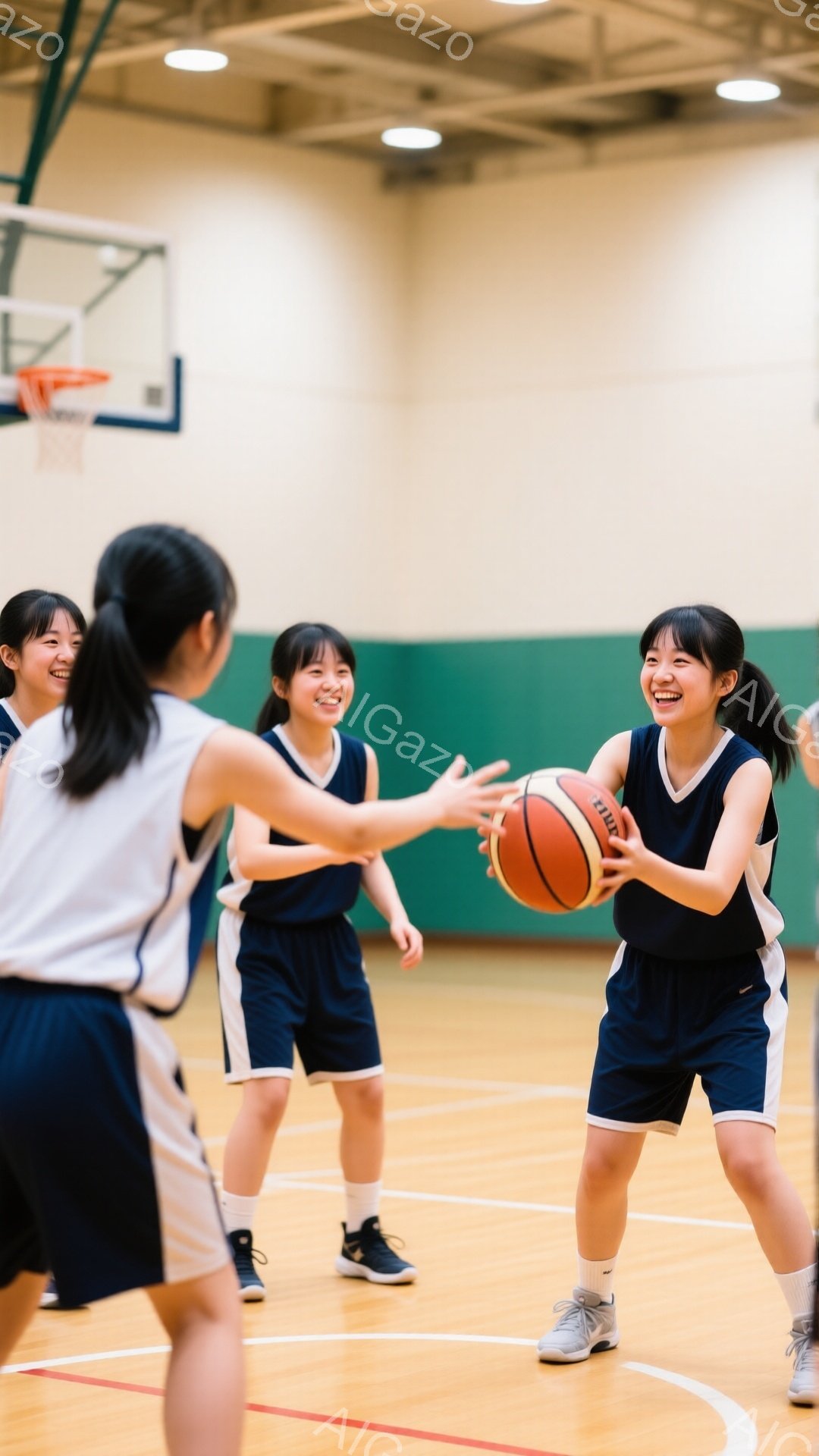 体育館でバスケットボールをしている女子中学生３人が写っています。紺色のユニフォームと短いパンツ、白いスニーカーを履いており、笑顔でボールをパスし合っている様子です。背景にはバスケットゴールが見え、明る - AI生成フリー素材