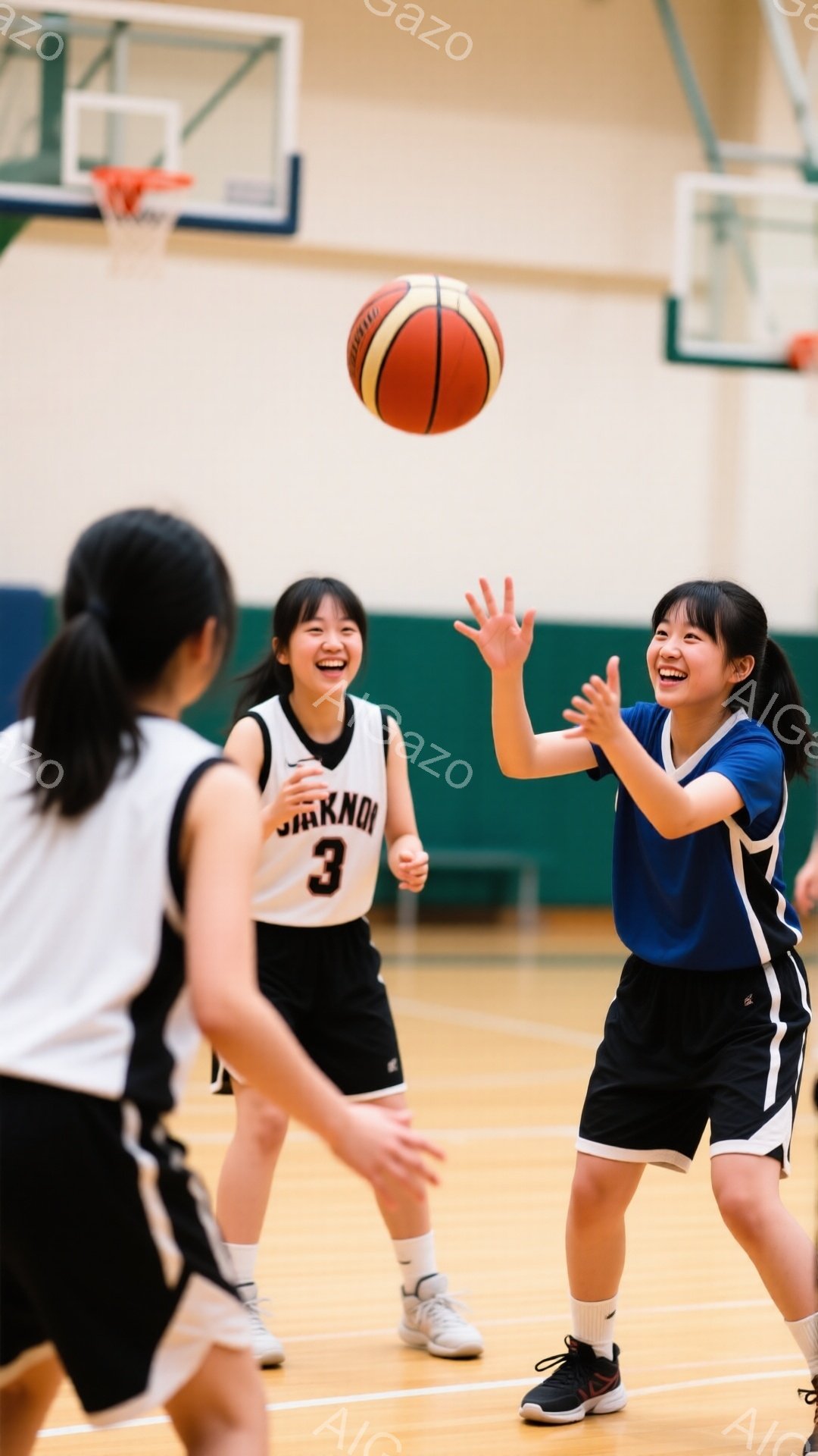 3人の若い女性がバスケットボールコートでバスケットボールをプレイしています。中央の女性は黒いユニフォームに「3」の番号がついており、両手を上げてボールを受けようとしています。他の2人の女性はそれぞれ青色と白色のユニフォームを着ており、笑顔でバスケットボールを楽しんでいる様子が伺えます。