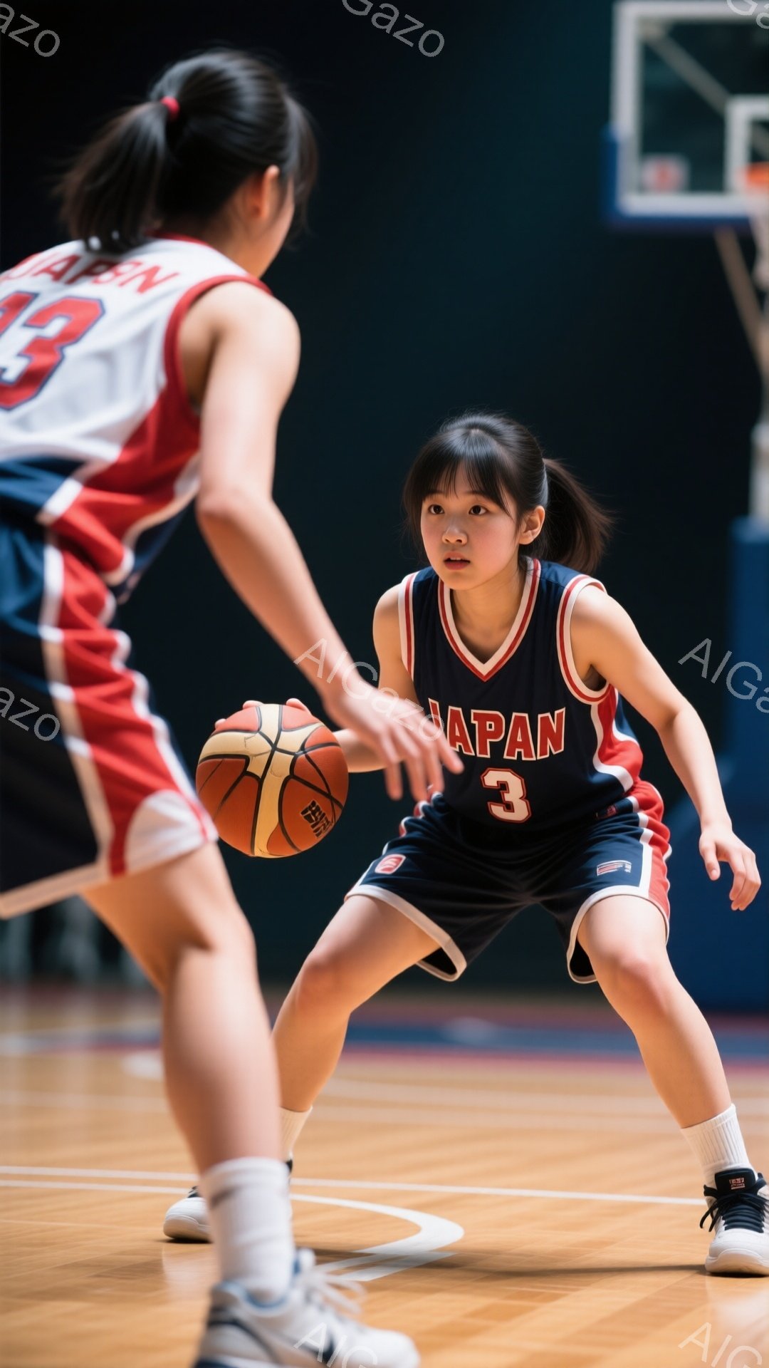 画像には、バスケットボールコートでドリブルしている若い女性選手が写っています。彼女は紺色の「JAPAN 3」と書かれたユニフォームと短い紺色のショーツ、白いソックスとスニーカーを着用し、髪はポニーテールに結ばれています。集中した表情でボールを見つめ、膝を曲げてドリブルする姿勢は、競技への真剣さと運動能力を示しています。
