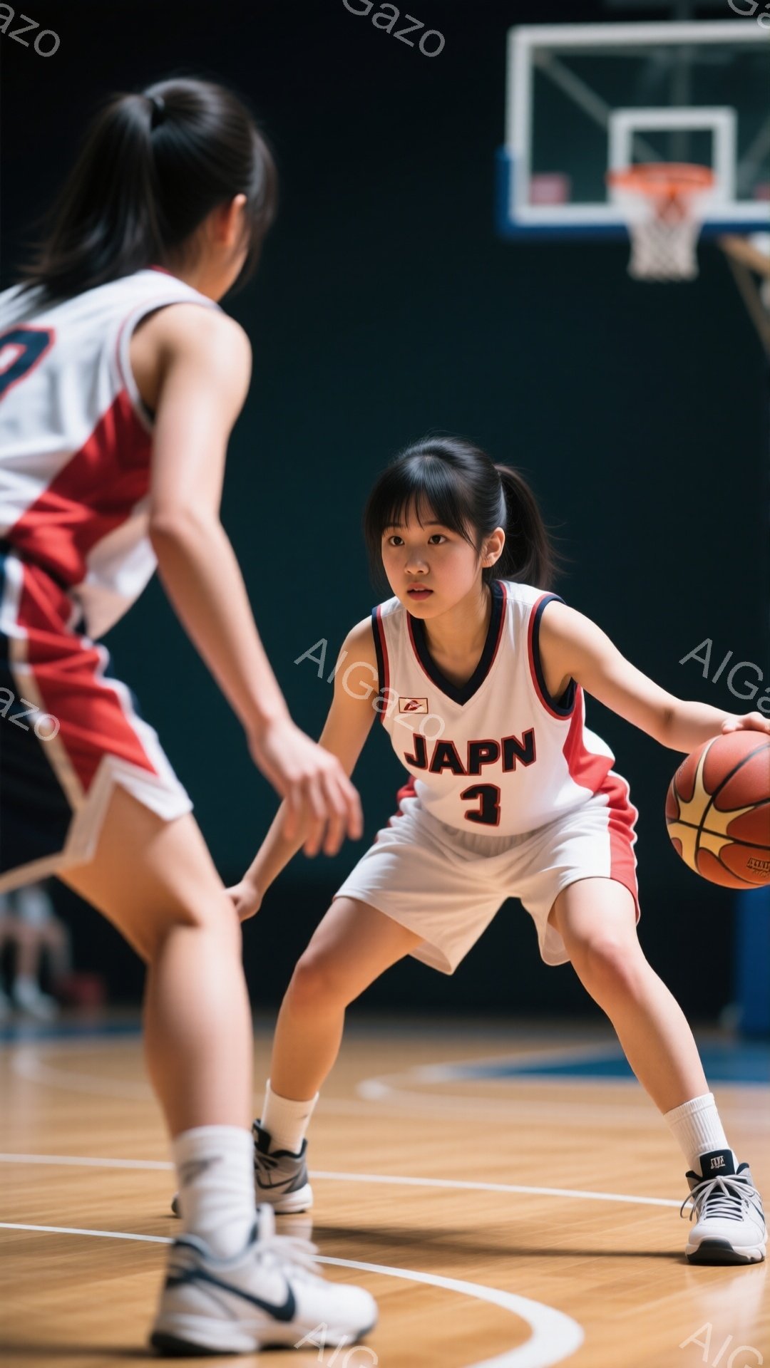 画像には、バスケットボールコートでドリブルをしている若い女性選手が写っています。彼女は「JAPN 3」と書かれた赤いユニフォームと白いソックス、スニーカーを着用し、髪はポニーテールに結ばれています。真剣な表情でボールを見つめ、膝を曲げて構え、試合に集中している様子が伝わってきます。