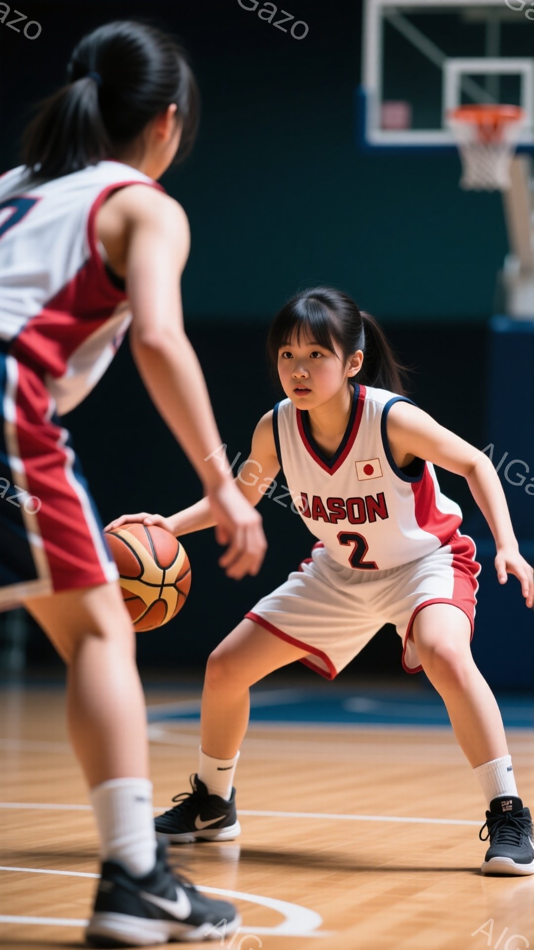 バスケをしている若い女の子が写っています。白いユニフォームに赤いラインと「JASON 2」の文字が入っており、黒いバスケットボールシューズを履いています。彼女はボールを抱え、集中した表情で前を見据えており、背景には体育館の床とバスケットゴールが見えます。