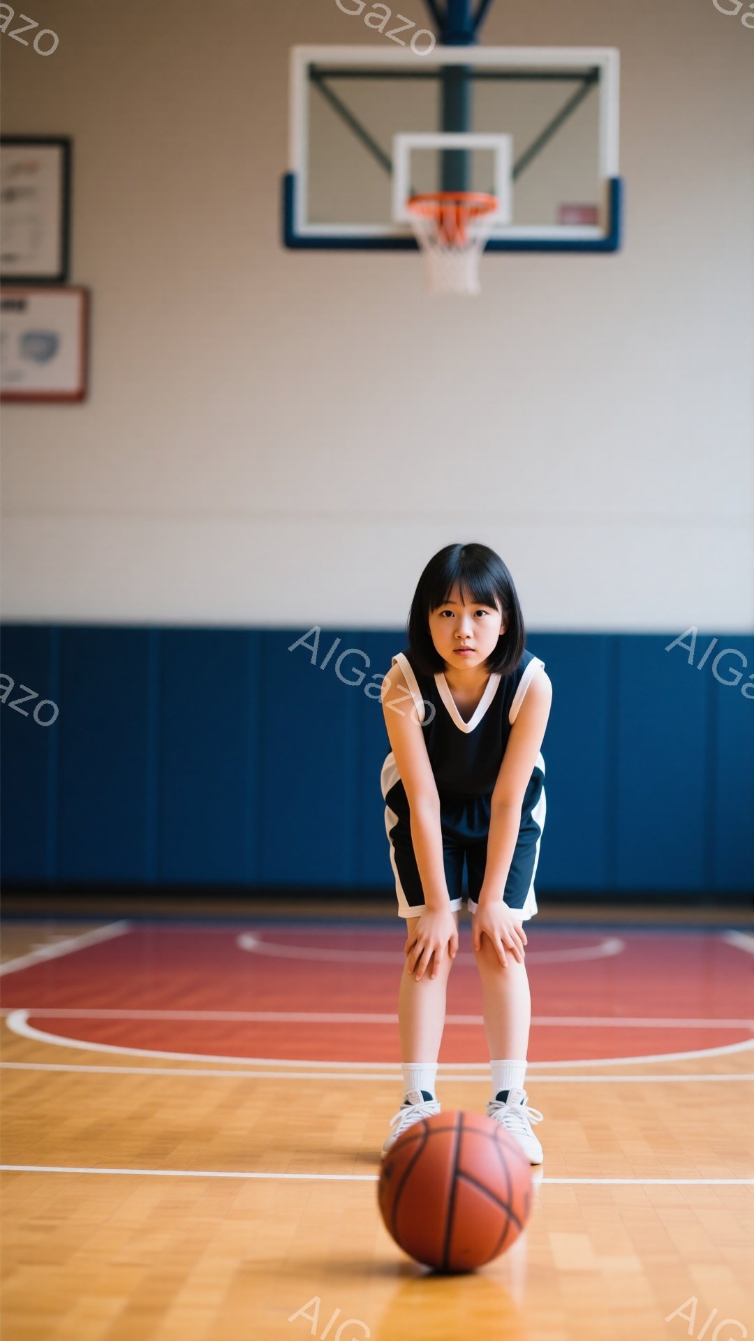 黒髪の少女がバスケットボールコートの中央に立っており、両膝を曲げて少しうつむき加減になっています。彼女は黒と白のボーダーが入ったバスケットボール用のユニフォームと白い靴下、スニーカーを履いています。背 - AI生成フリー素材