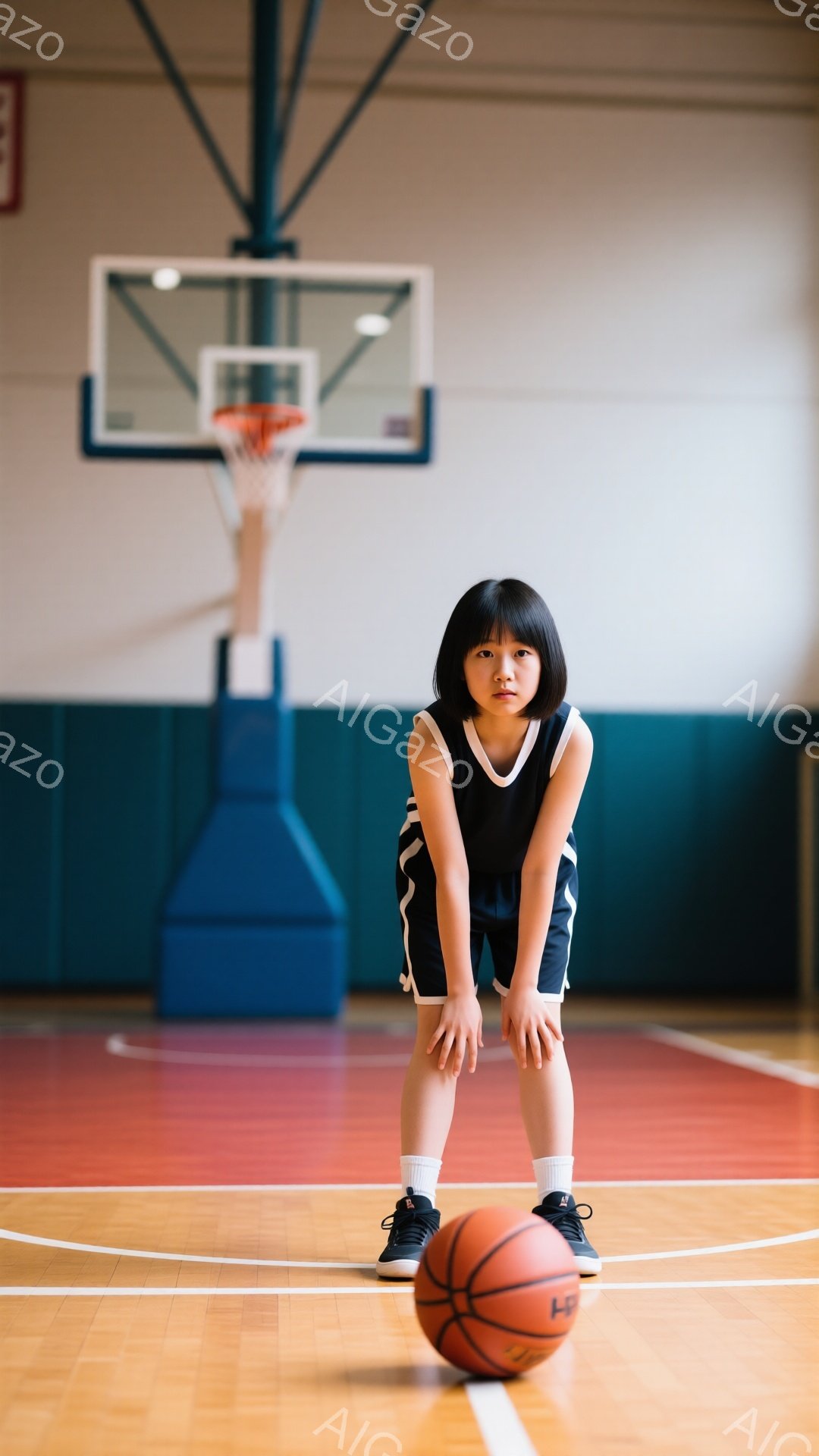 黒い髪を短く切った少女がバスケットボールコートに立っており、黒いバスケットボールウェアと白いラインのショートパンツを着用しています。彼女は膝を曲げ、両手を太ももにつけ、真剣な表情でボールを見つめていま - AI生成フリー素材