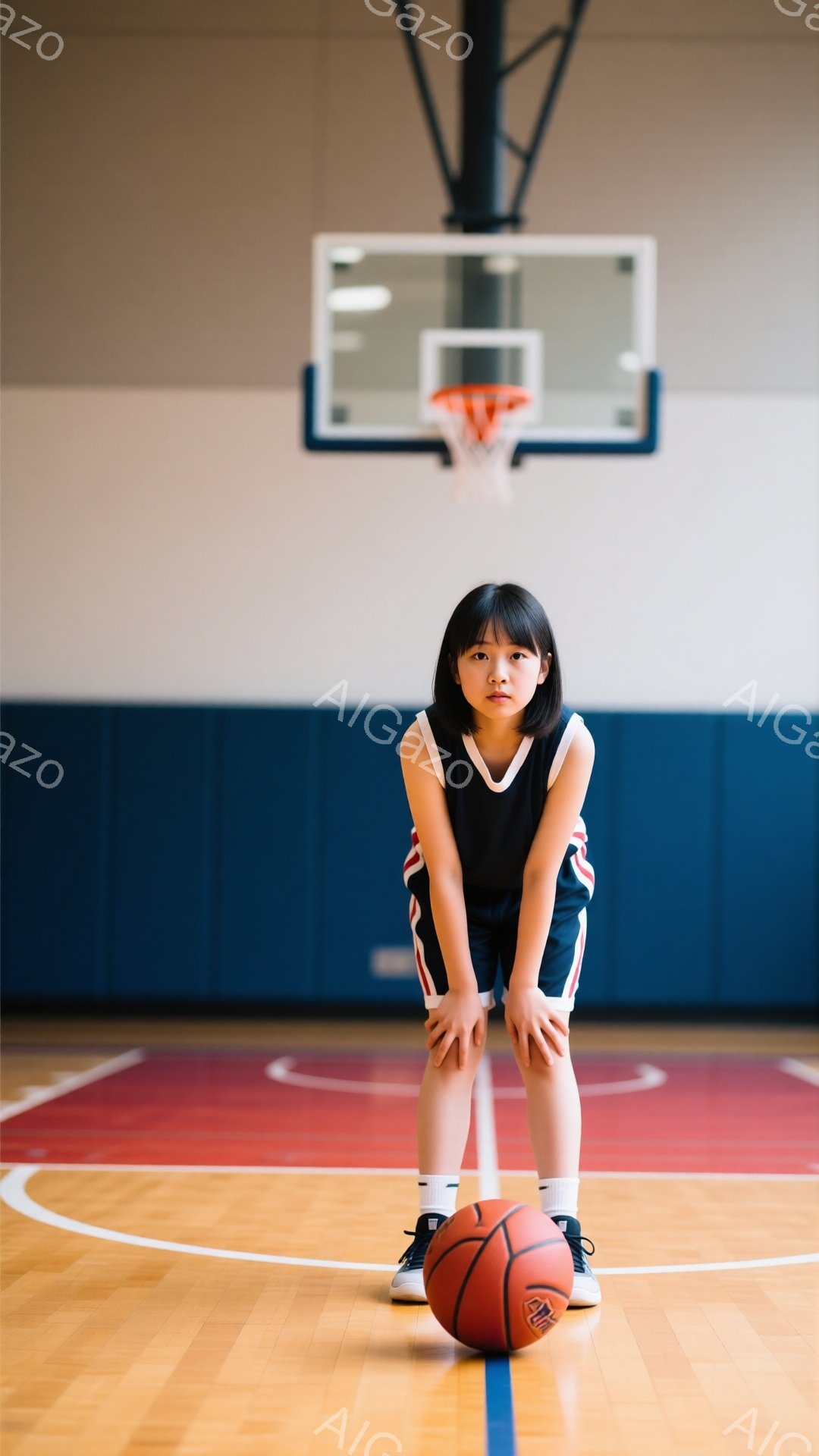 黒いバスケットボールユニフォームに白いラインが入った少女が、体育館のコートに立っている。彼女は膝を曲げ、少し俯いた姿勢で、視線はやや下を向いている。背景にはバスケットゴールがあり、床は木製で、青いライ - AI生成フリー素材