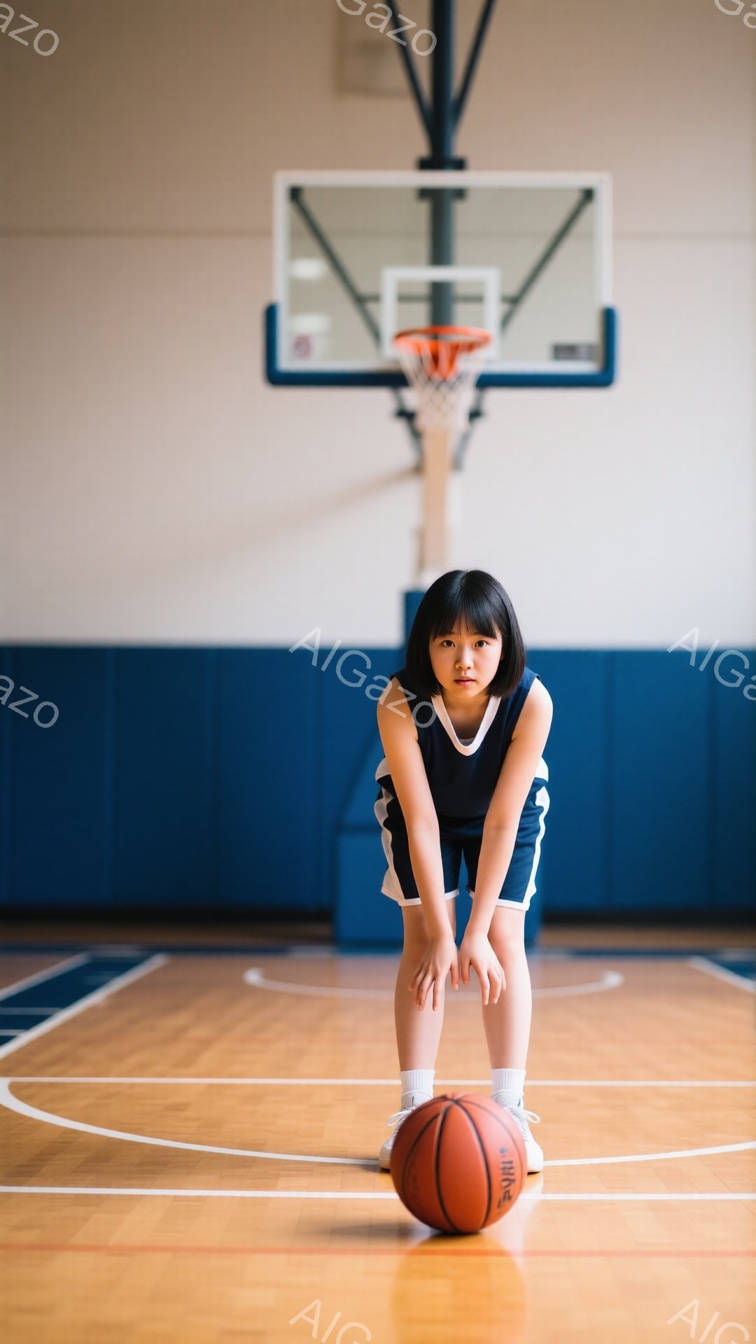 少女は屋内バスケットボールコートの中心で、膝を曲げ、両手を太ももの上に置いて立っている。彼女は濃い青色の半袖シャツと短パンを着用し、黒髪を後ろで一つにまとめている。背景にはバスケットゴールがあり、床は - AI生成フリー素材