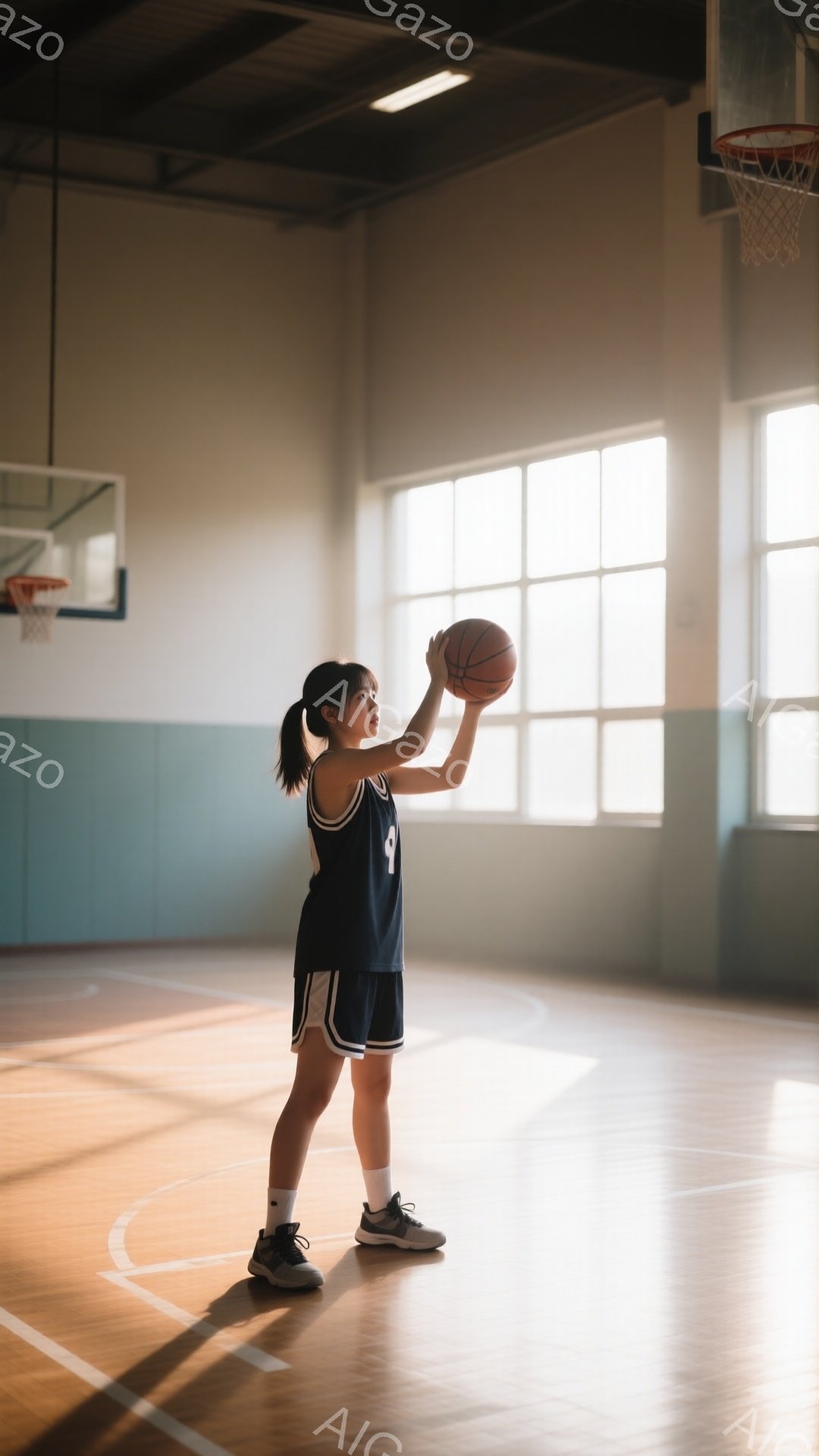 バスケットボールコートの中央に立つ若い女性が写っている。紺色のバスケットボールユニフォームと黒いヘアバンド、スニーカーを身につけ、ボールを構えている様子は、練習に集中している雰囲気を醸し出している。窓から差し込む光が床を照らし、コート全体が明るく、練習風景の静けさと集中感を際立たせている。