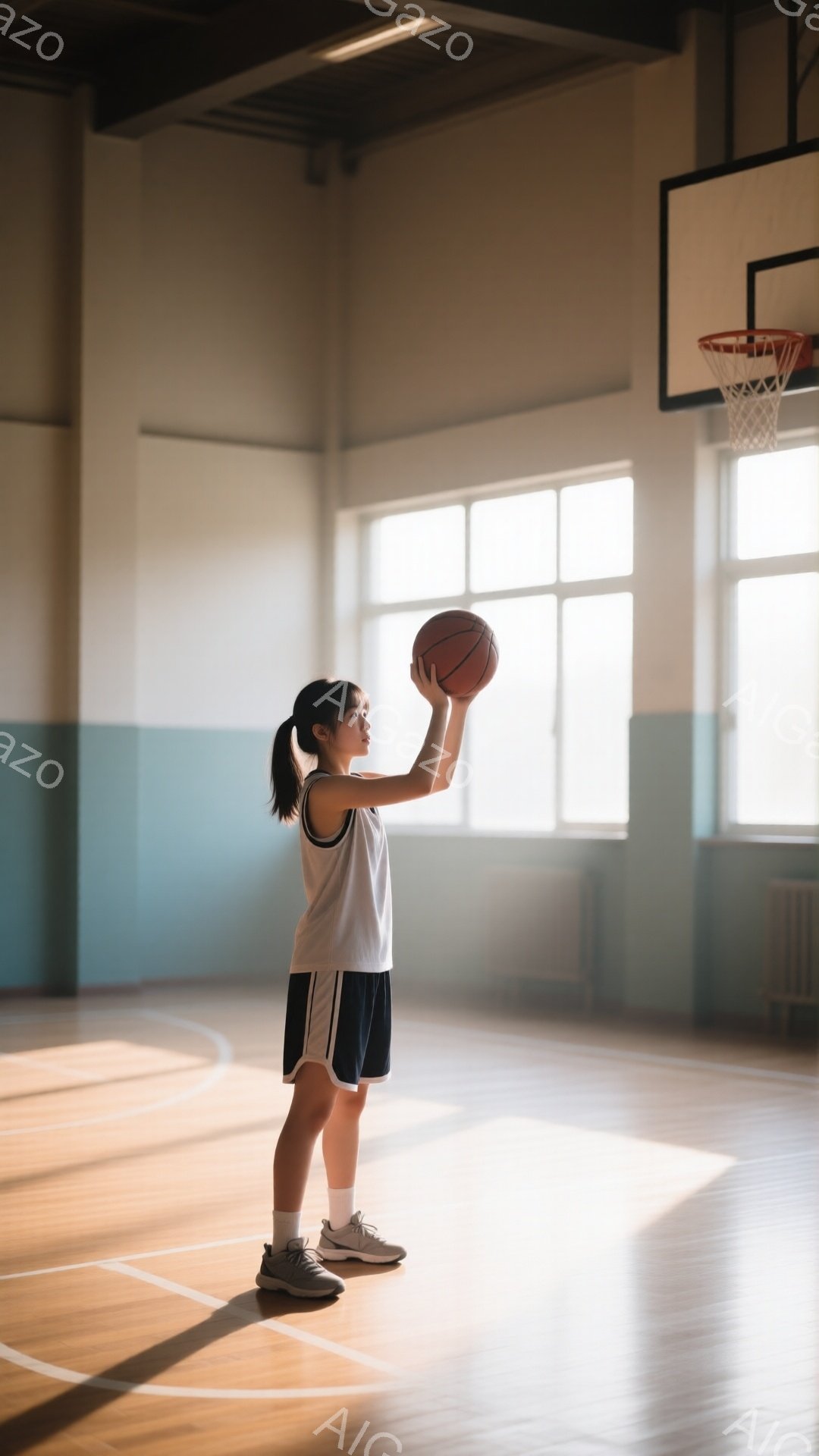 白いタンクトップと紺色の短パンを身につけた少女が、バスケットボールを片手で構え、シュートの準備をしている。体育館の窓から差し込む光が床に伸び、少女の姿を照らし出している。背景にはバスケットゴールが見え - AI生成フリー素材