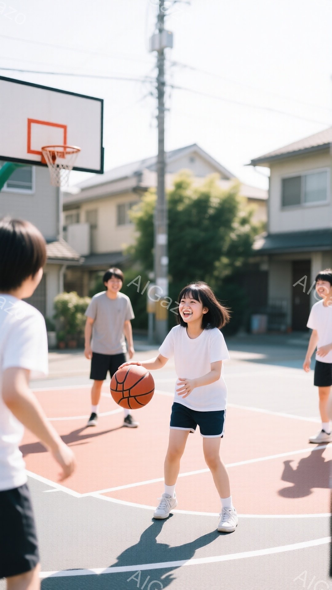 バスケットボールコートで少女がドリブルをしている写真です。白いTシャツと紺色の短パン姿で、笑顔を見せています。背景には住宅や木々が見え、晴れた日の屋外での活気ある様子が伝わってきます。 - AI生成フリー素材