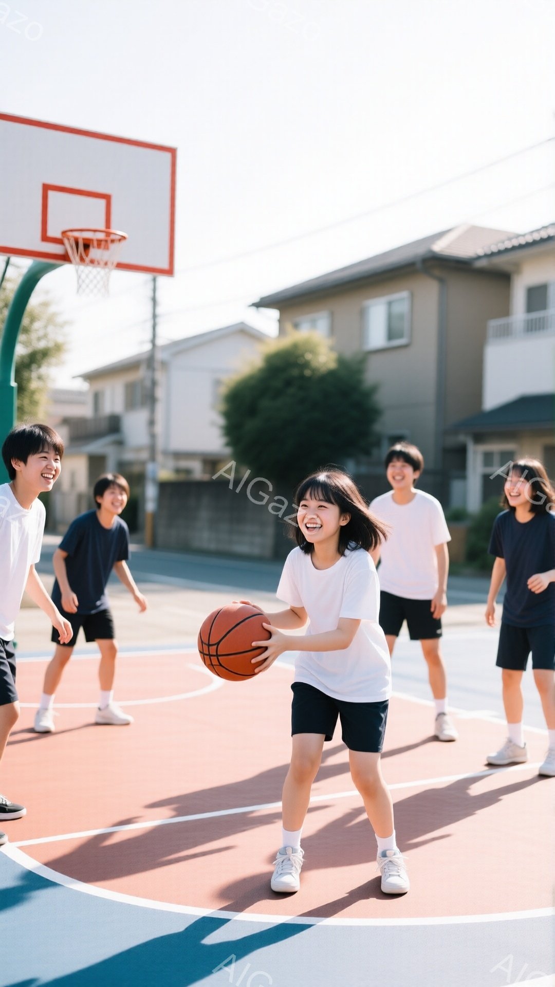 活気のあるバスケットボールコートで、小学生くらいの子供たちが楽しそうにバスケットボールをしている様子が写っています。一人の女の子は白いTシャツと紺色の短パン姿で、ボールを抱え、満面の笑みを浮かべていま - AI生成フリー素材