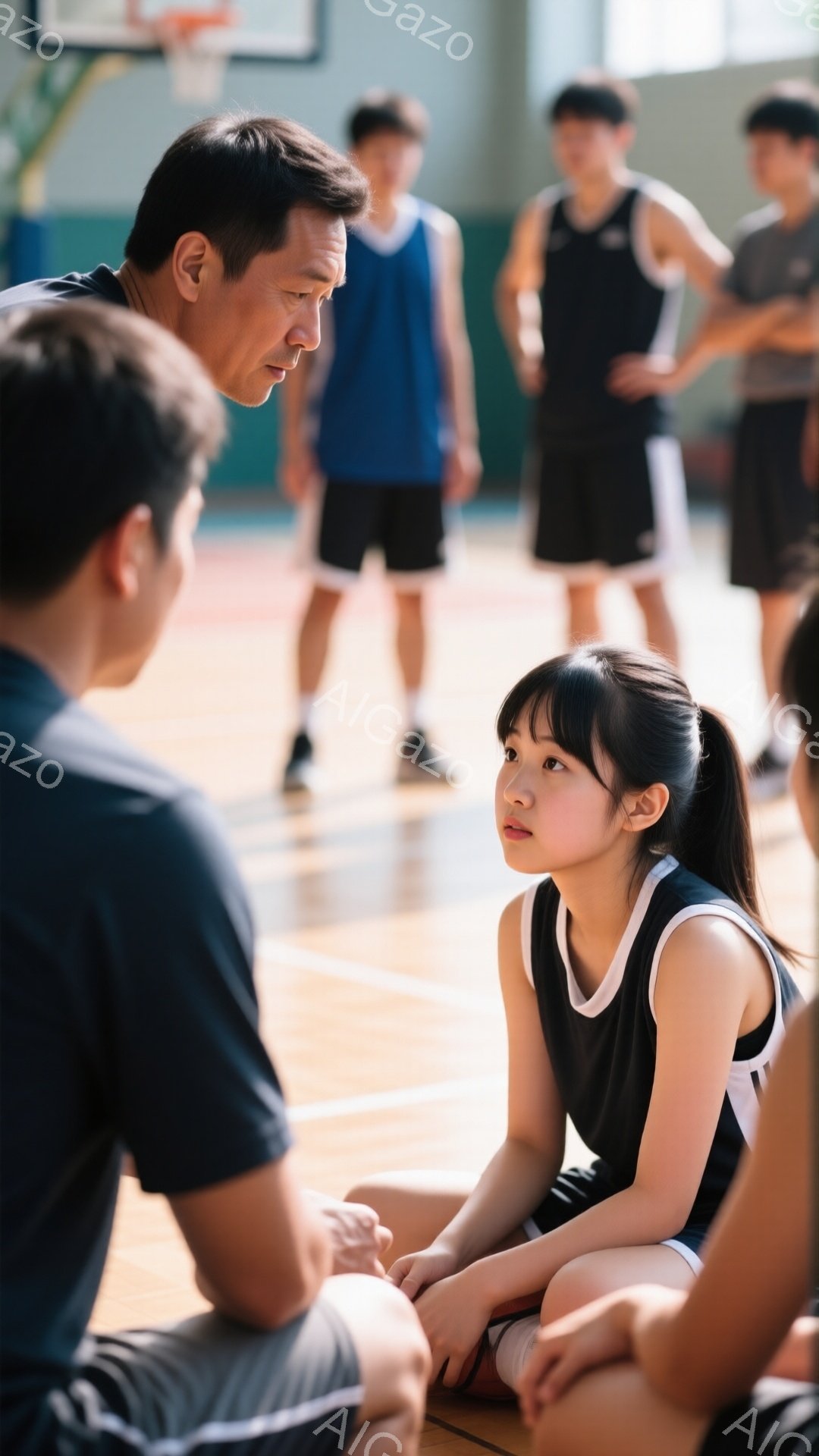 バスケットボールコートの床に座る若い女性と、彼女に話しかけている年配の男性が写っています。若い女性は黒いタンクトップと短パン姿で、髪をポニーテールにしています。彼女は少し心配そうな表情で、男性を見つめています。背景には他のバスケットボール選手がぼやけて見え、体育館の明るい照明が全体を照らしています。