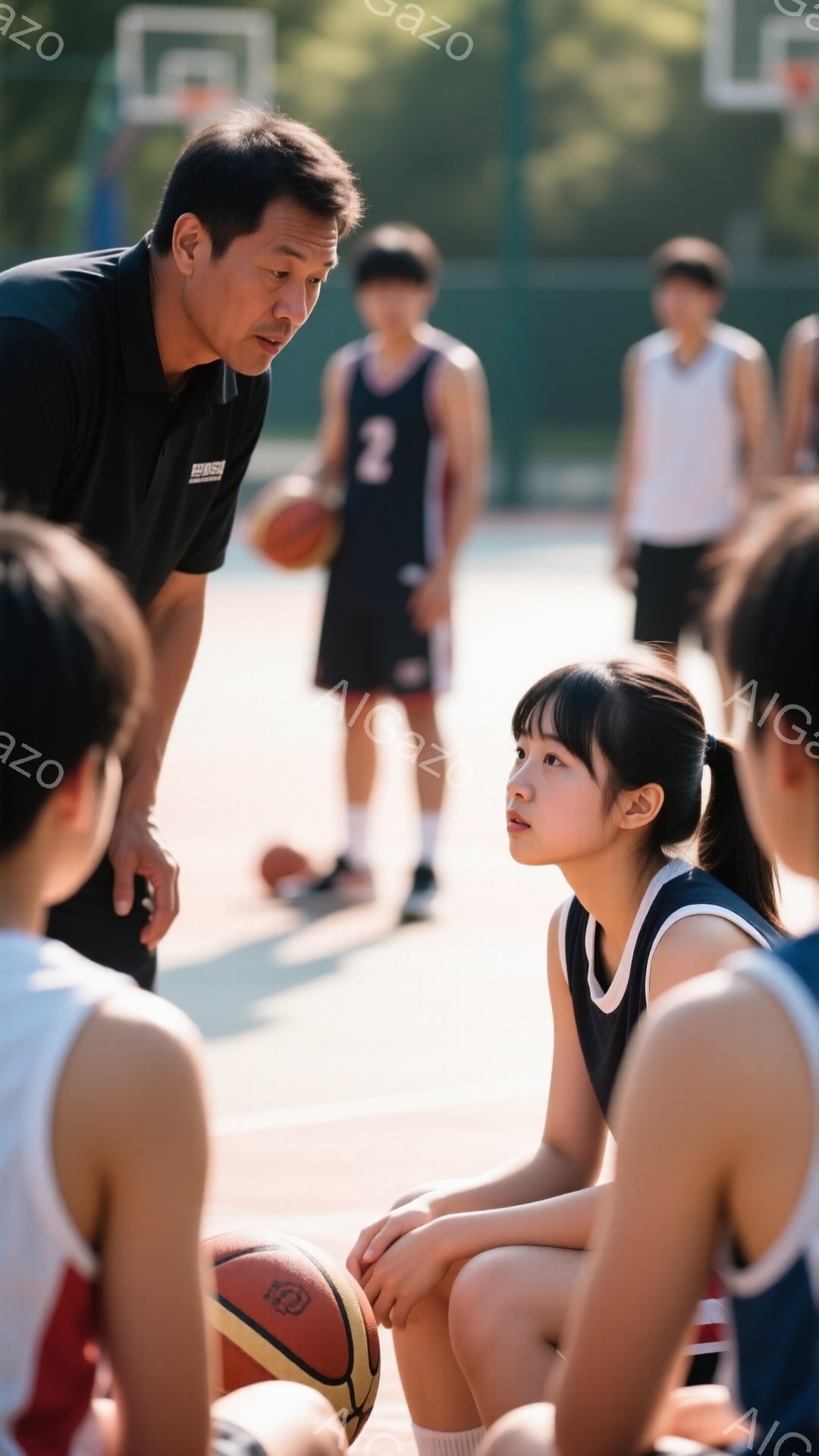 バスケの練習風景で、指導者が少女に何かを話しかけている。少女は膝を抱え、少し上目遣いで指導者を見つめており、真剣な表情をしている。背景には他の子供たちが体育館の床に座っており、暖かく晴れた日の屋外コートで練習している様子がうかがえる。