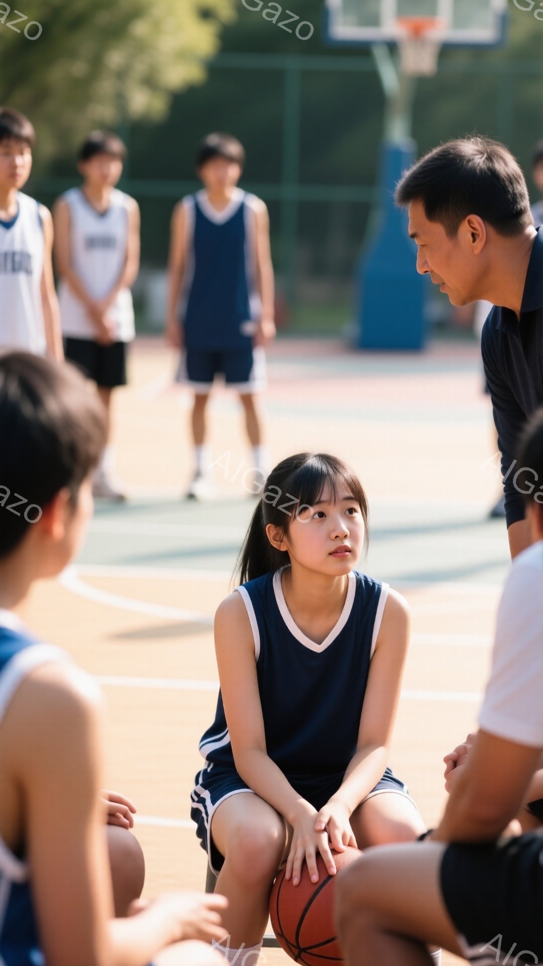 画像は、バスケットボールコートに座っている若い女性バスケットボール選手を捉えています。彼女は紺色のユニフォームとポニーテールで、やや考え込んでいる表情をしています。背景には他の選手たちがいて、コートは屋外で晴天のようです。