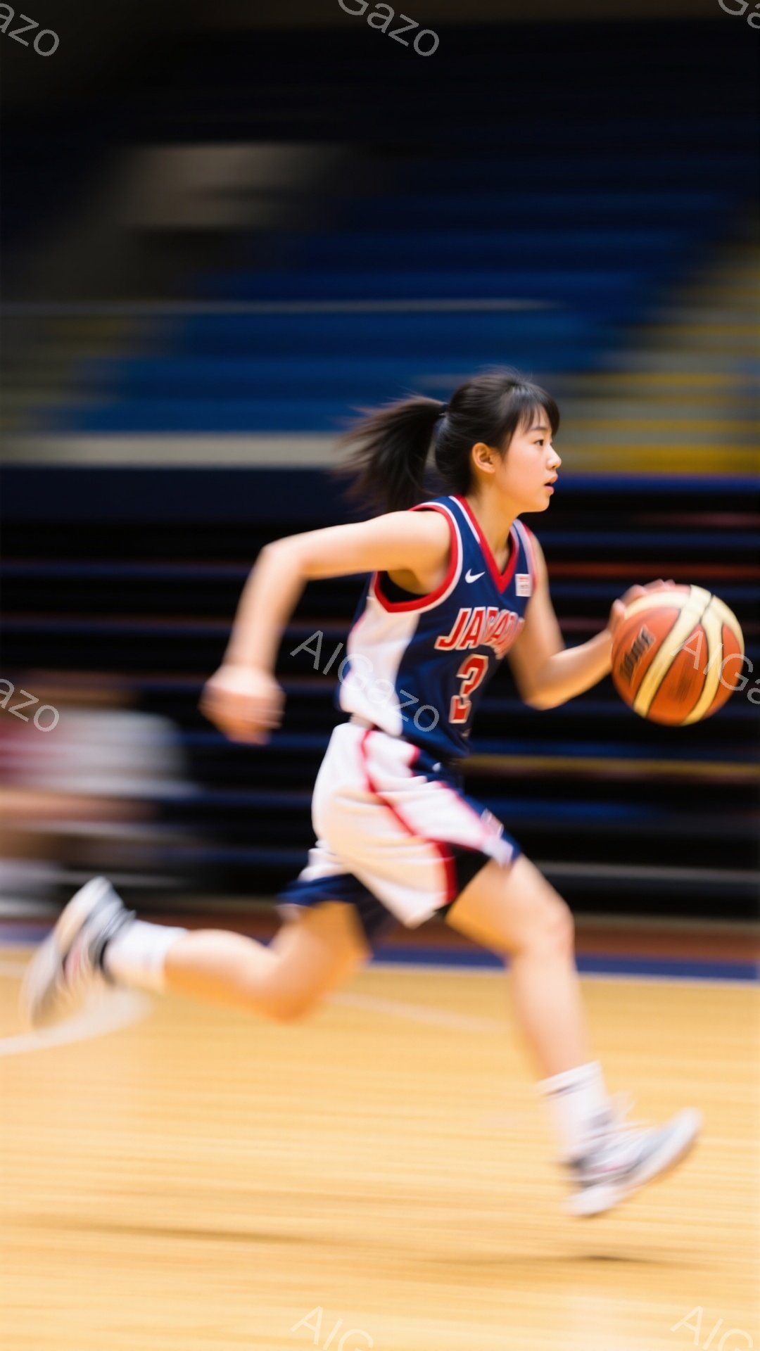 画像は、バスケットボールコートでボールを持って走る若い女性選手を描写しています。彼女は赤いショートパンツと、日本代表の「JAPAN」と背番号が書かれた青と白のタンクトップを着ており、髪はポニーテールに結ばれています。背景はぼやけていますが、観客席の一部と木製のコートが見え、競技の熱気を感じさせます。