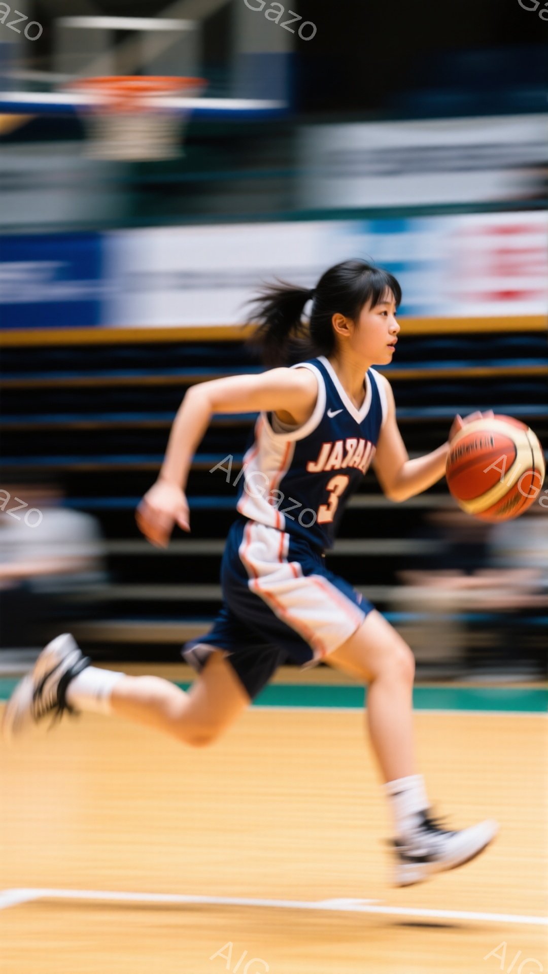 この画像は、紺色のユニフォームに「JAPAN」と背番号3が書かれた若い女性バスケットボール選手が、ドリブルしながら走り抜ける瞬間を捉えたものです。彼女はポニーテールにしており、集中した表情でボールを見つめています。背景は体育館の床とぼやけた観客席で、競技の熱気を感じさせます。