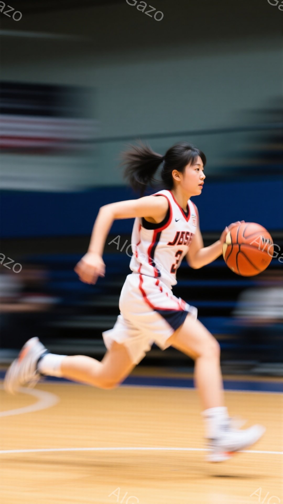 バスケットボールコートを走る若い女性選手が写っている。彼女は赤と白のユニフォームとショートパンツを着用し、髪はポニーテールに結ばれている。背景はぼやけており、コートの木製の床がはっきりと見える。