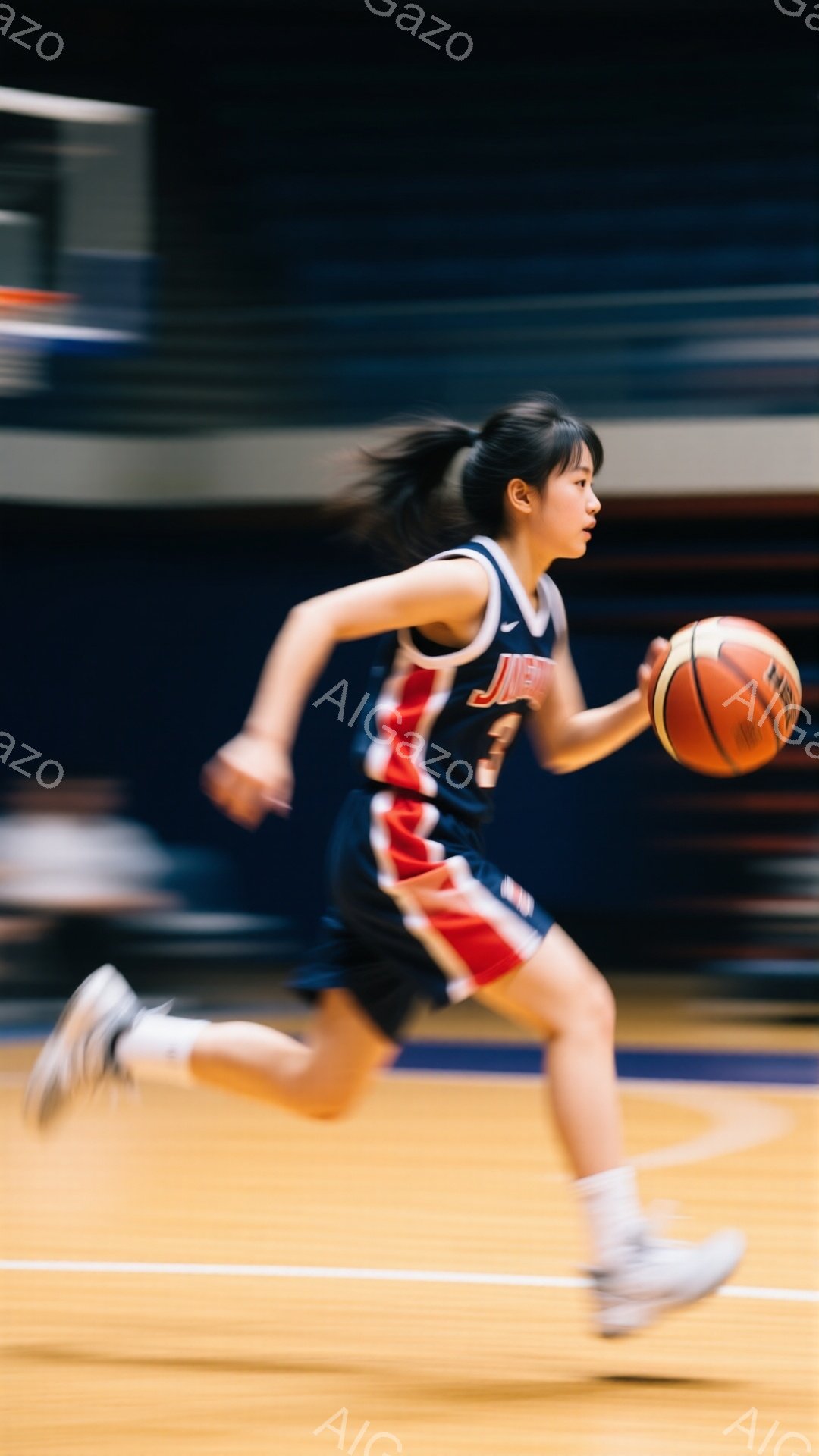 この画像は、バスケットボールコートでドリブルしている女性の姿を捉えています。彼女は紺色と赤のユニフォーム、白いソックス、スニーカーを着用し、髪はポニーテールに結ばれています。背景はぼやけていますが、屋内競技場の木製の床と観客席の一部が見えます。