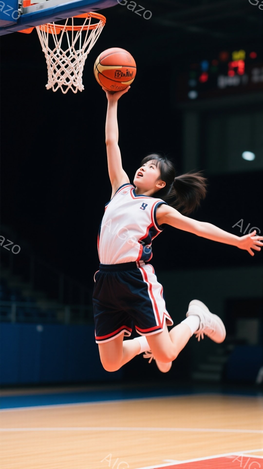 少女はバスケットボールコートでジャンプシュートをしています。白いタンクトップと紺色のショートパンツを着用し、髪はポニーテールに結ばれています。背景は暗い体育館で、観客席や照明がぼんやりと見えます。