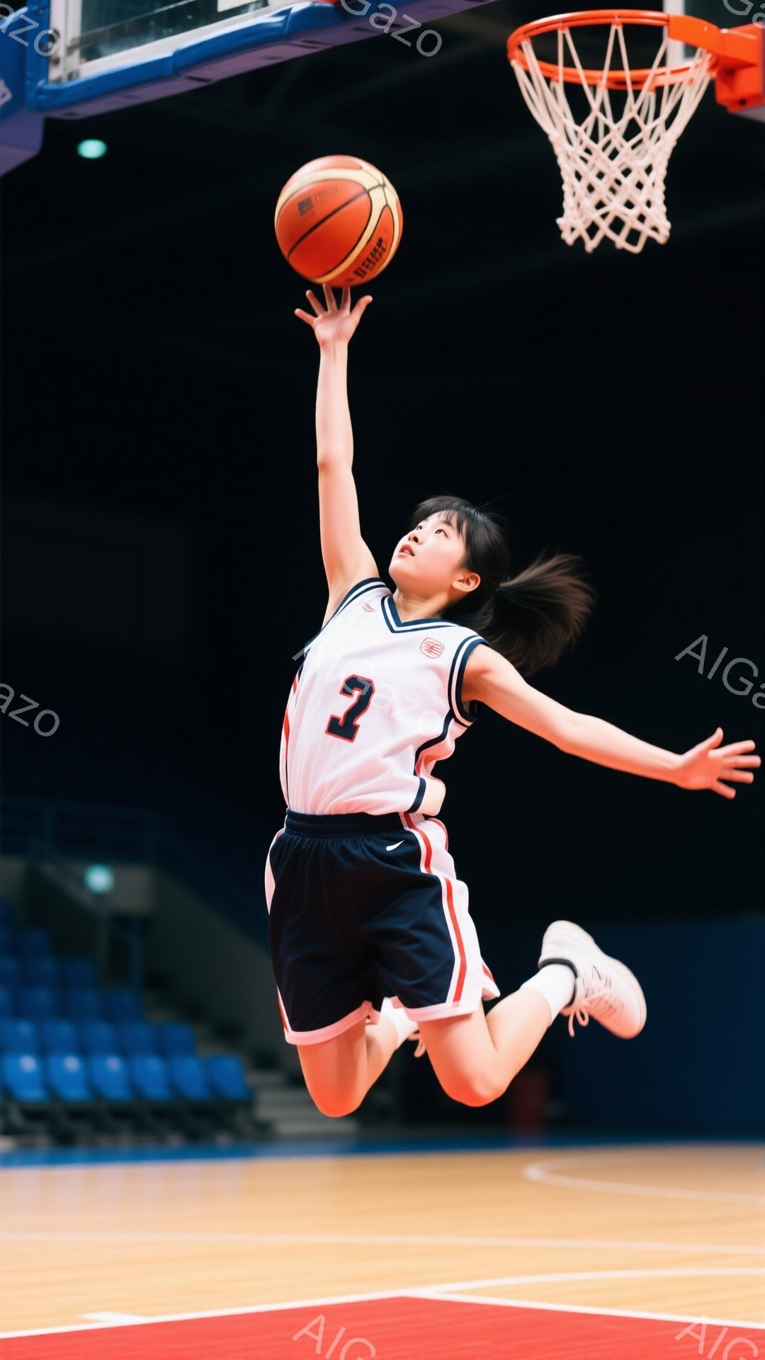 少女はバスケットボールコートでジャンプシュートを放つ瞬間を捉えられています。赤い数字2の入った白いユニフォームと紺色のショートパンツを着用し、ポニーテールで髪を結んでいます。背景には観客席とバスケット - AI生成フリー素材