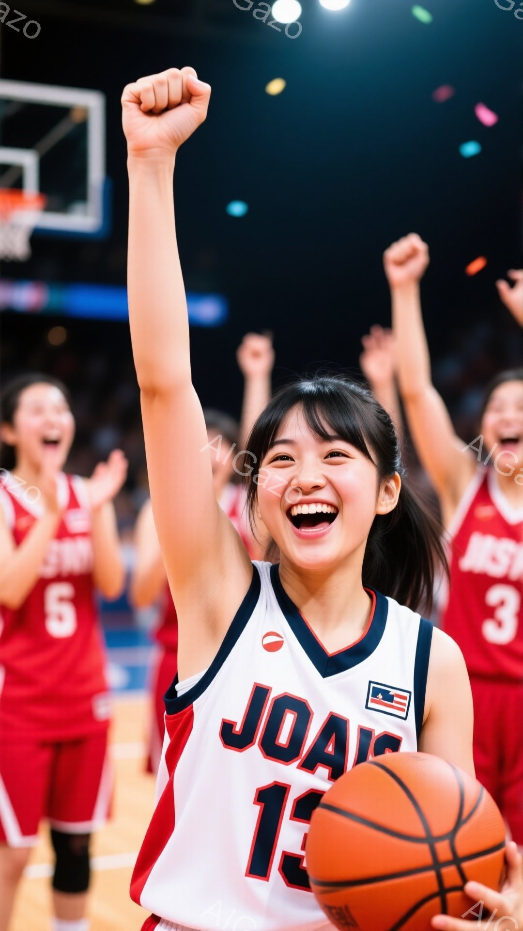 バスケットボール選手の一人が、満面の笑みで腕を高く上げ、勝利を喜んでいる様子が写っている。彼女は「JOAN」と書かれた赤いタンクトップと短いショーツを着用し、髪はポニーテールに結んでいる。背景にはチームメイトが喜び、紙吹雪が舞い、活気に満ちた勝利の瞬間を捉えている。