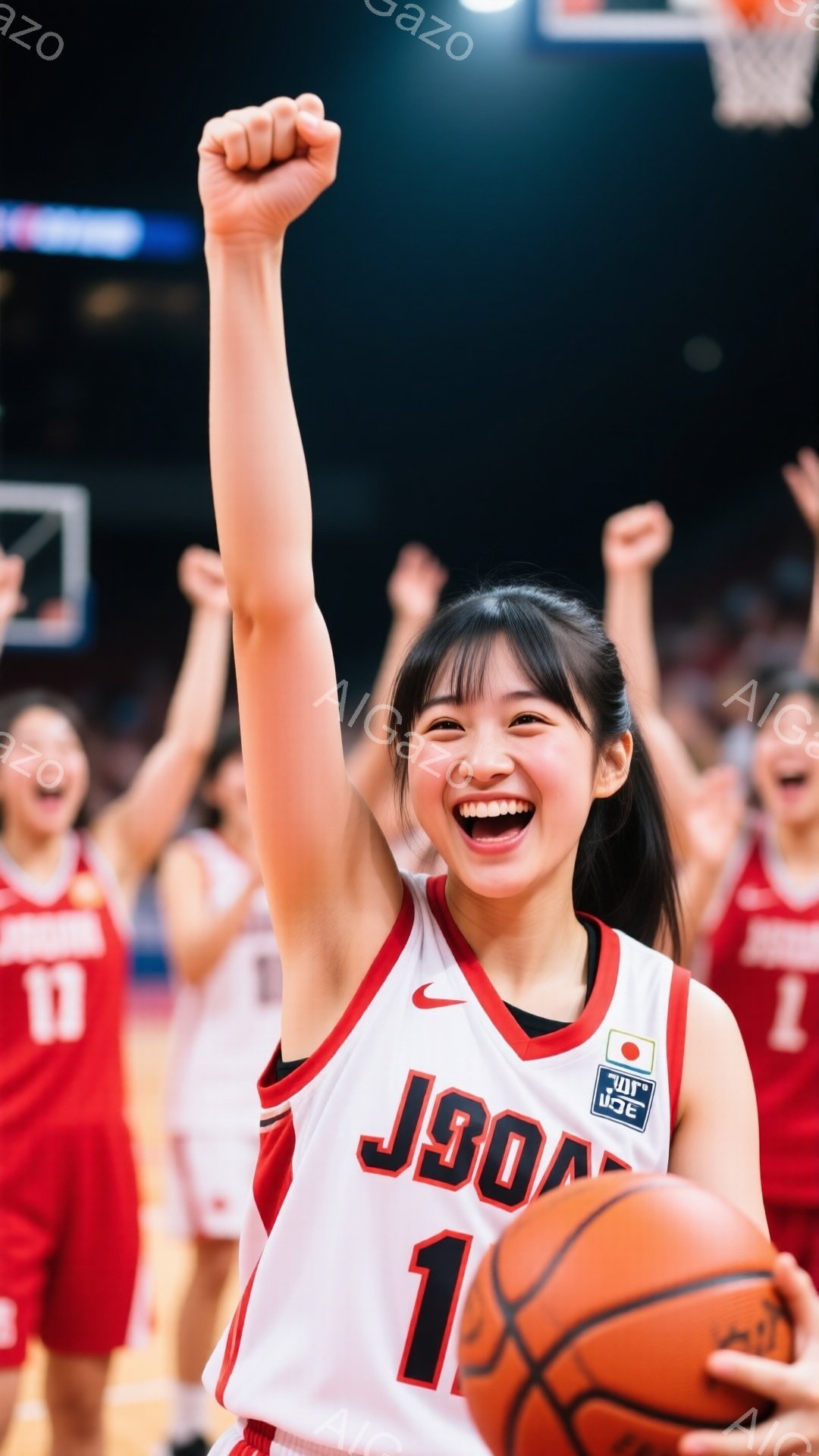 画像はバスケットボールコートにいる若い女性バスケットボール選手を捉えています。彼女は白と赤のユニフォームを着ており、背番号「1」が大きくプリントされています。満面の笑みを浮かべ、片手を高く挙げ、勝利を - AI生成フリー素材