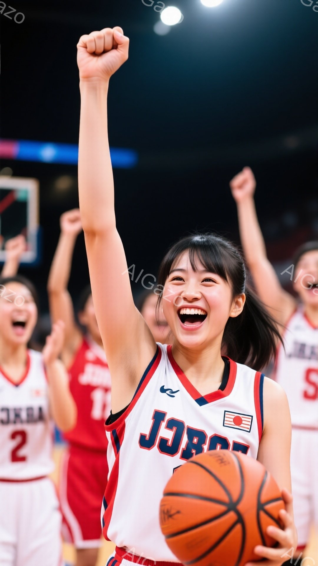 画像は、バスケットボールの試合中に歓喜する若い女性バスケットボール選手を捉えています。彼女は赤と白のユニフォームを着ており、髪はポニーテールに結ばれ、満面の笑みを浮かべています。背景には他の選手たちがおり、彼女の勝利の喜びを分かち合っている様子が伺えます。