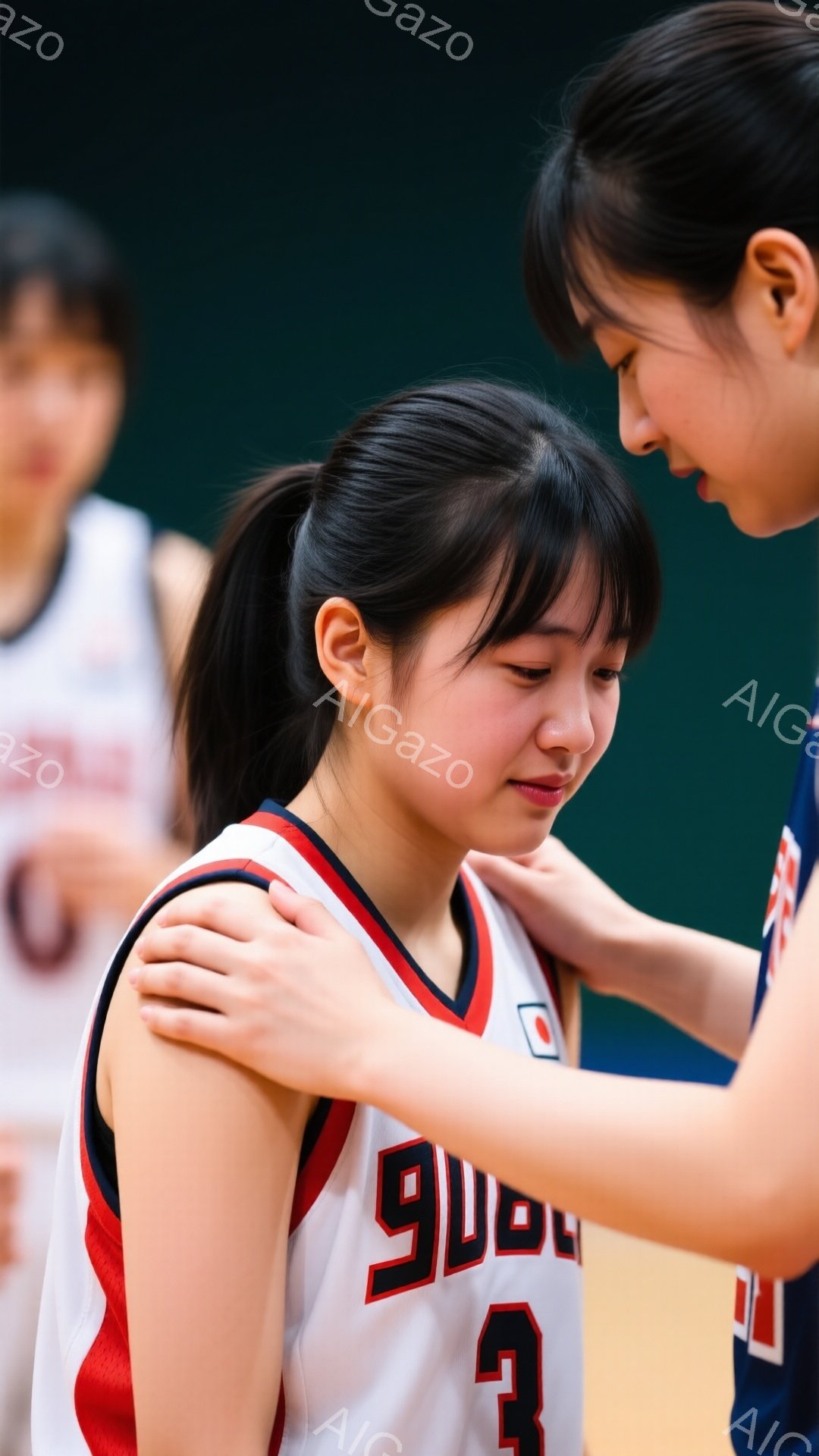 画像には、赤いバスケットボールのユニフォームを着た若い女性が写っており、彼女の背中には別の女性が手を置いている。彼女は髪をポニーテールに結び、涙を浮かべた表情をしている。背景には他のバスケットボール選手がおり、体育館のような屋内施設で撮影されているようだ。