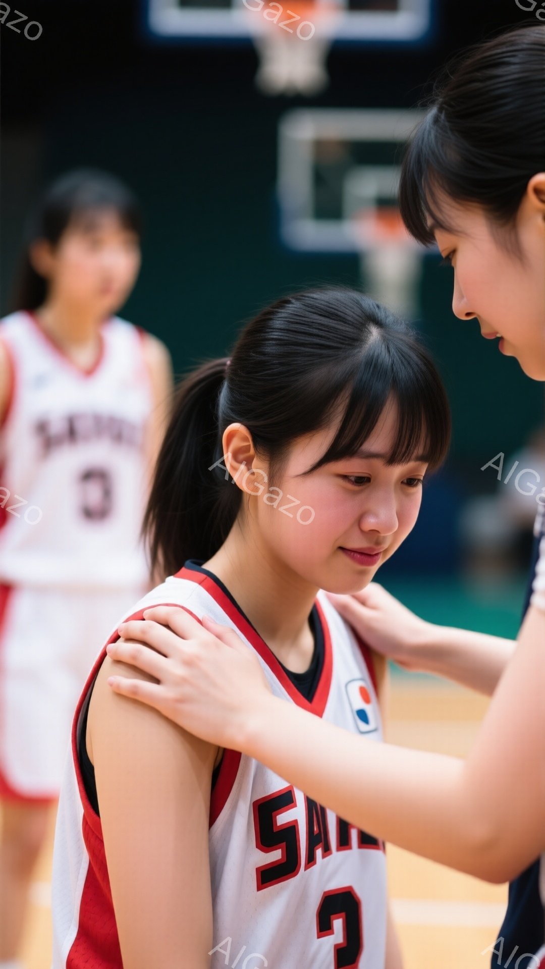 バスケユニフォームを着た若い女性が、涙を浮かべながら肩を落としています。別の女性が優しく肩に手を置き、慰めている様子が伺えます。背景にはバスケットボールコートがあり、他の選手も少しだけ見えますが、全体的に温かく、共感的な雰囲気が漂っています。