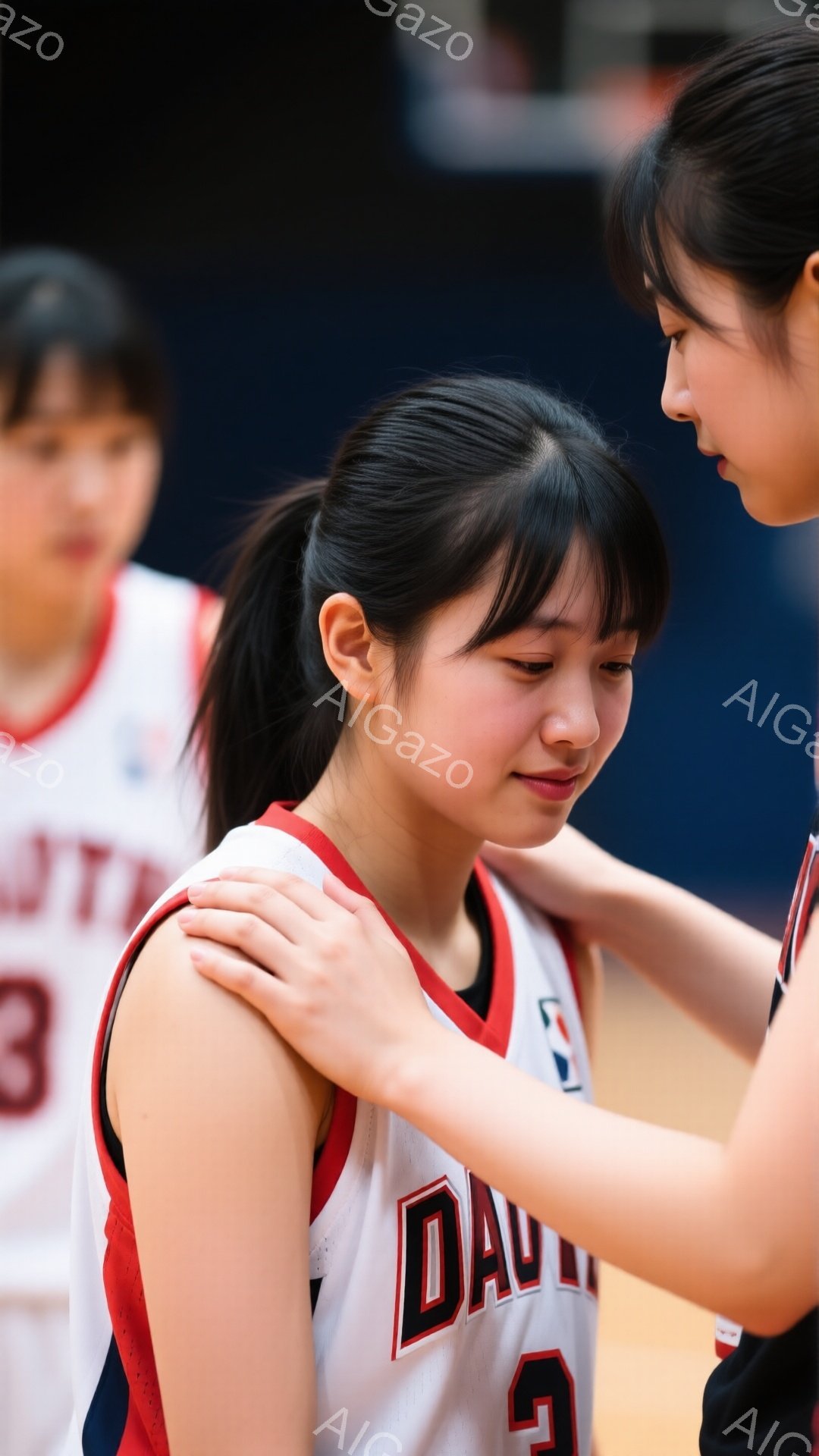 画像は、バスケットボールの試合中に一人の少女が別の少女に慰められている様子を捉えています。黒髪をポニーテールにした少女は、赤いトリムと「DAIV」と書かれた白いバスケットボールジャージを着ており、目に涙を浮かべて俯いています。もう一人の少女は彼女の肩に手を置き、共感的に寄り添っています。