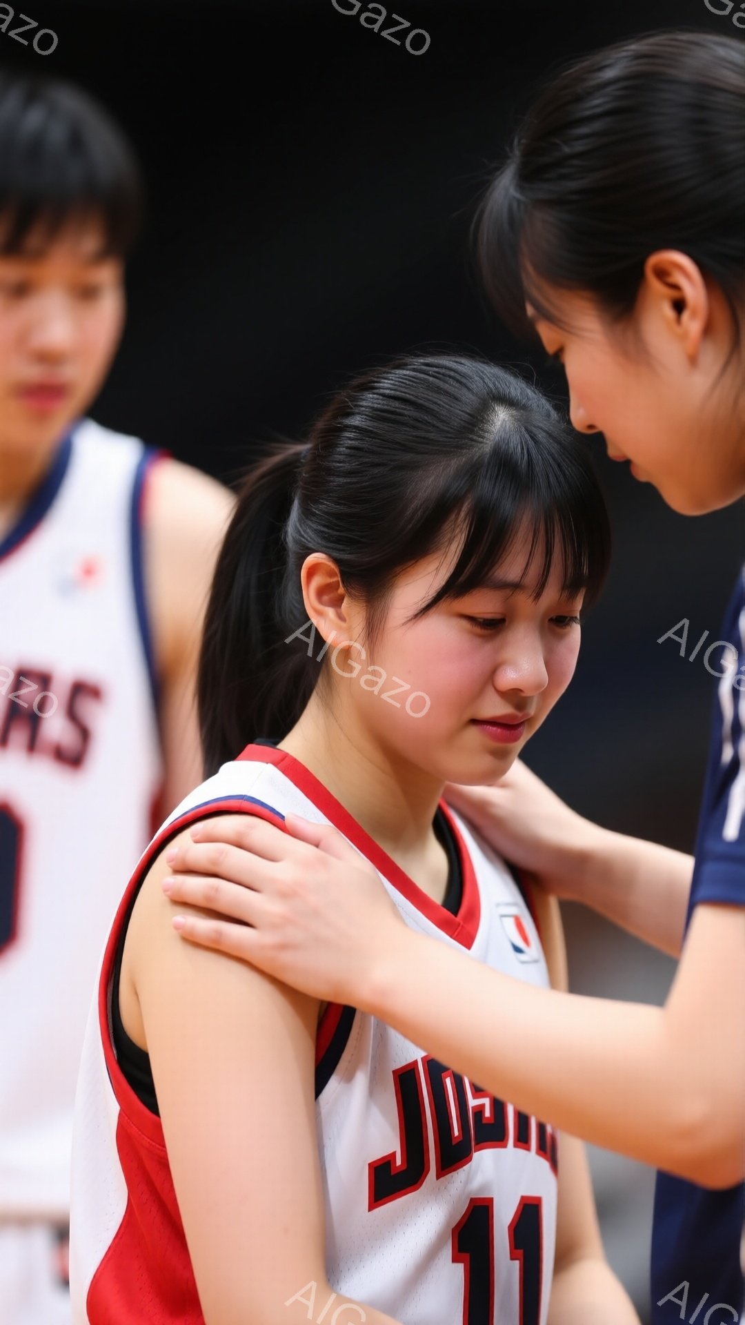 バスケのユニフォームを着た若い女性が、悲しそうな表情でうつむいています。彼女の肩に優しく手を置く別の女性がおり、寄り添うように慰めています。背景には他の選手がぼやけて見え、体育館のような場所で試合後のシーンであることが伺えます。