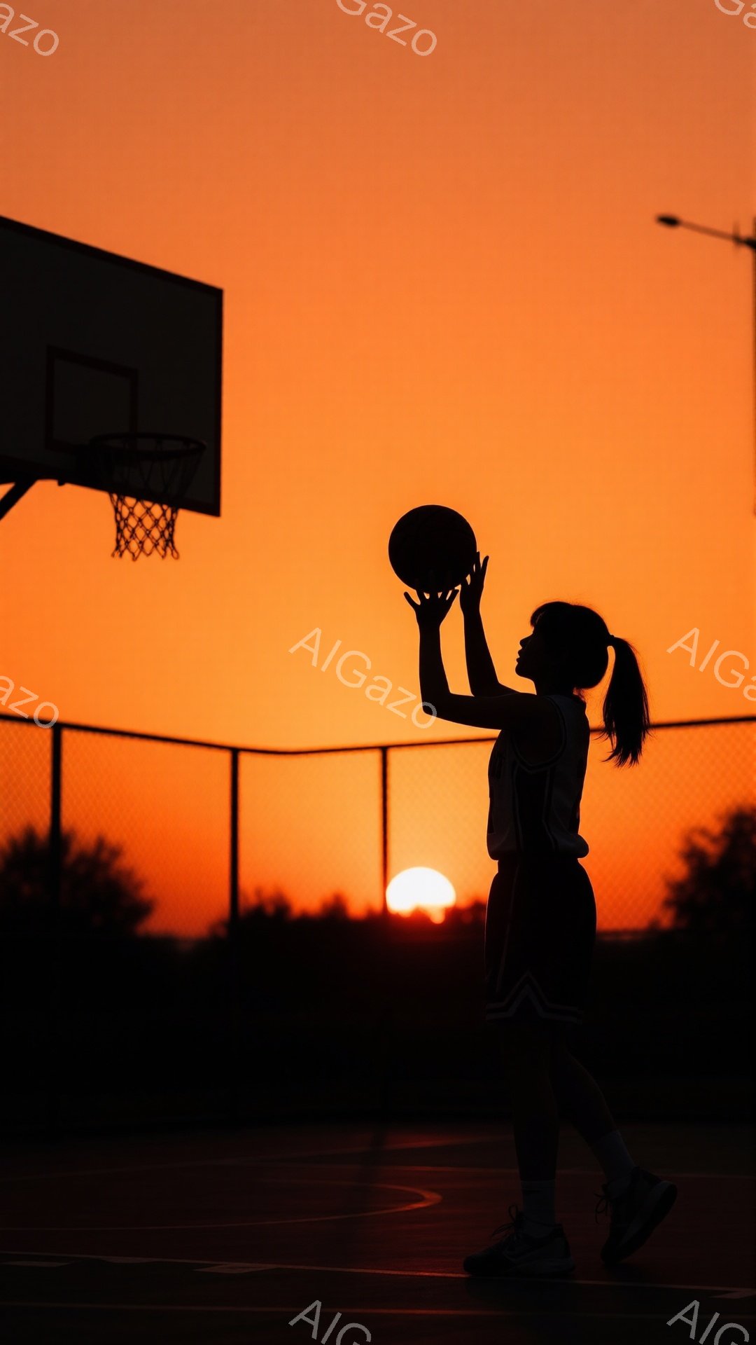 夕焼けを背景に、バスケットボールコートでシュート練習をする女性のシルエットが描かれている。彼女はポニーテールで髪を後ろにまとめ、バスケットボールを頭上に高く掲げている。鮮やかなオレンジ色の空とシルエットのコントラストが印象的で、力強く美しい雰囲気を醸し出している。