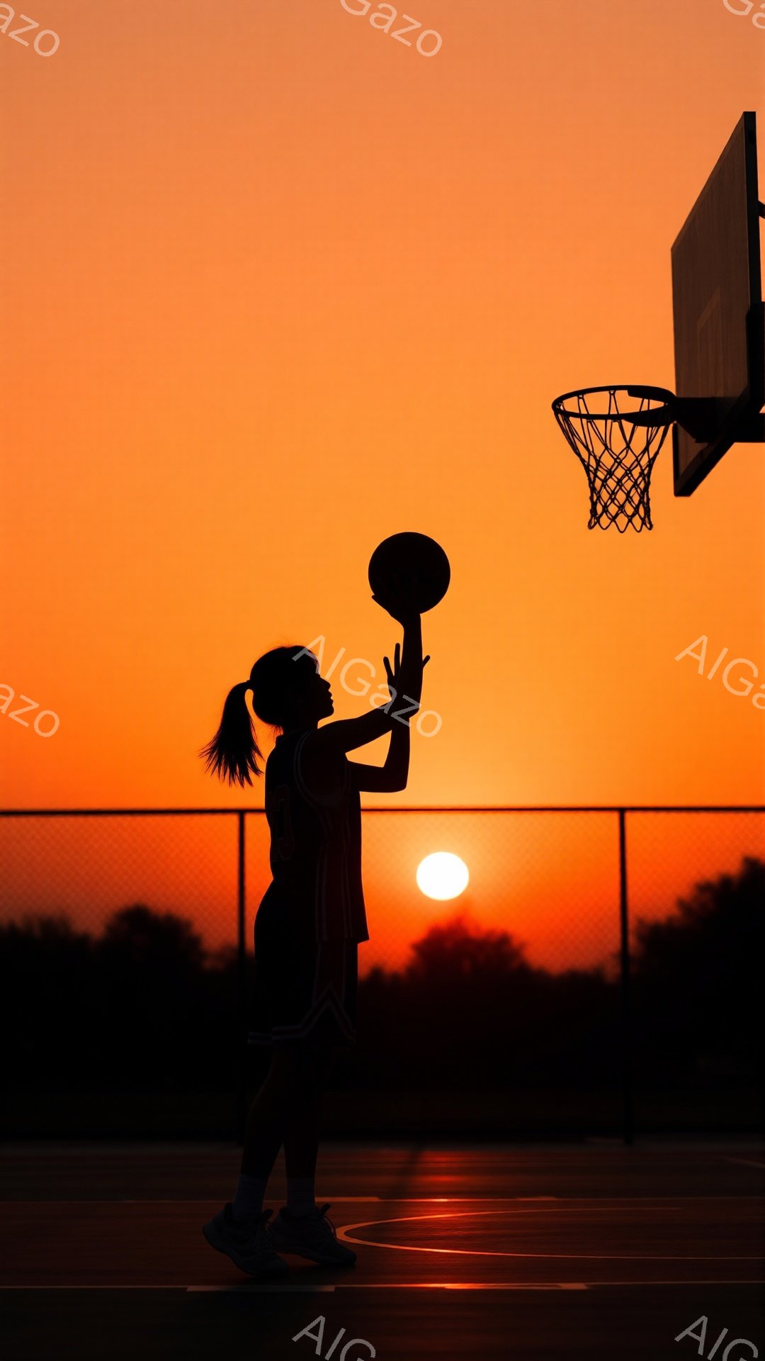バスケットボールコートで、シルエットになった女性がシュートをしようとしている。彼女はポニーテールで、バスケットボールユニフォームとスニーカーを履いている。背景は燃えるような夕焼け空で、太陽が沈みかけており、コート全体をオレンジ色に染めている。