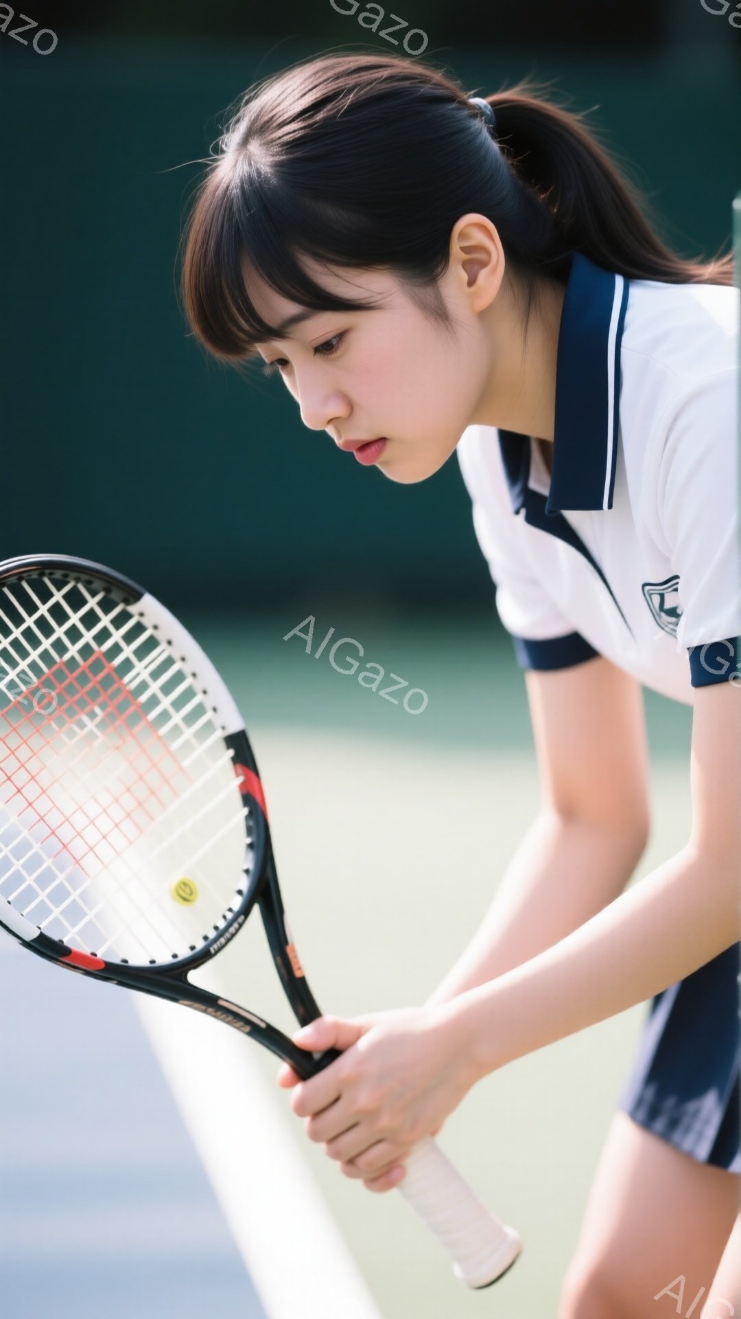 白いポロシャツと紺色のショートパンツを着た若い女性が、テニスラケットを握って前かがみになっています。彼女は黒い髪をポニーテールにし、集中した表情でコートを見下ろしています。背景は緑色のテニスコートで、 - AI生成フリー素材