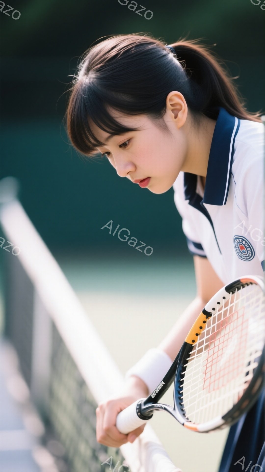 若い女性テニス選手が、テニスコートでラケットを握り、ネットに視線を落としています。紺色の襟付きの白いシャツを着ており、髪はポニーテールにまとめられています。背景は緑色のコートで、天候は晴れで、全体的に - AI生成フリー素材