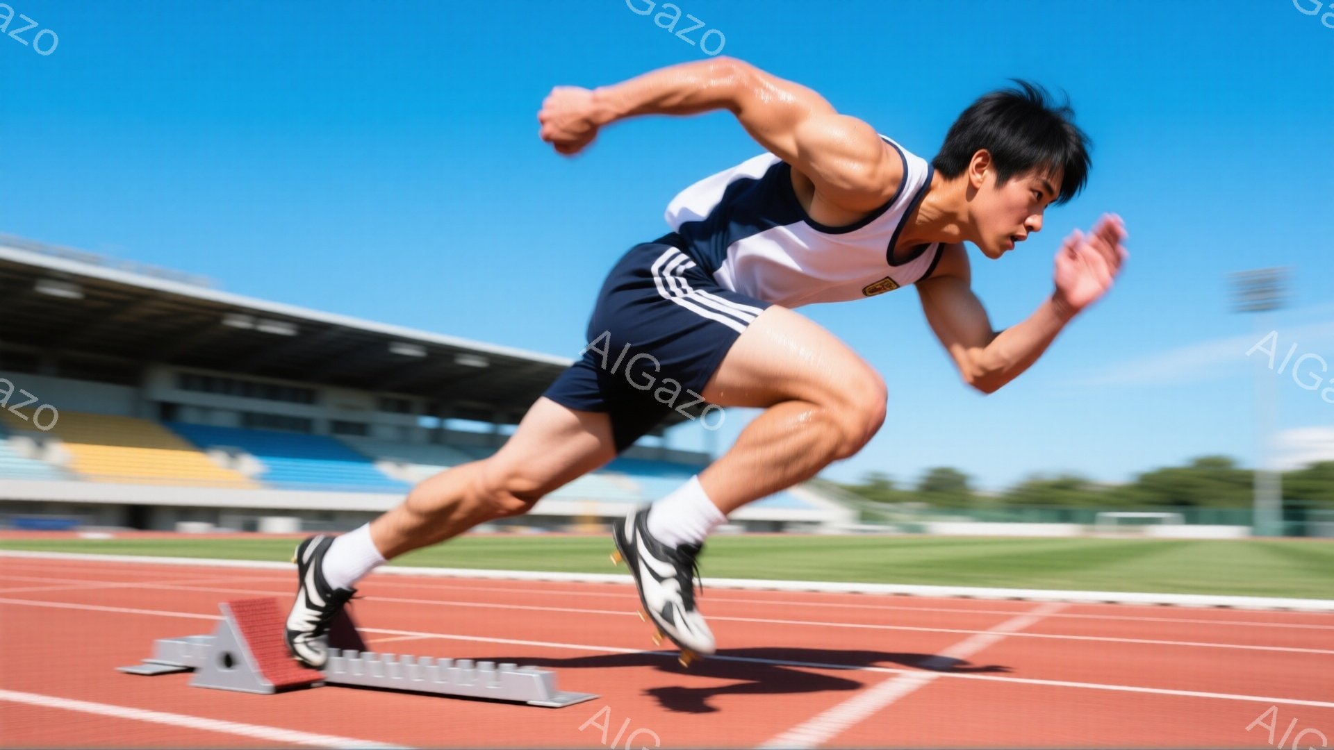 競技場を疾走する男性が写っている。彼は白いタンクトップと紺色の短パンを着用し、力強く腕を振って前進している。背景には青空と観客席、そして緑の草地が広がり、晴天の下での活気ある競技の雰囲気が伝わる。 - AI生成フリー素材