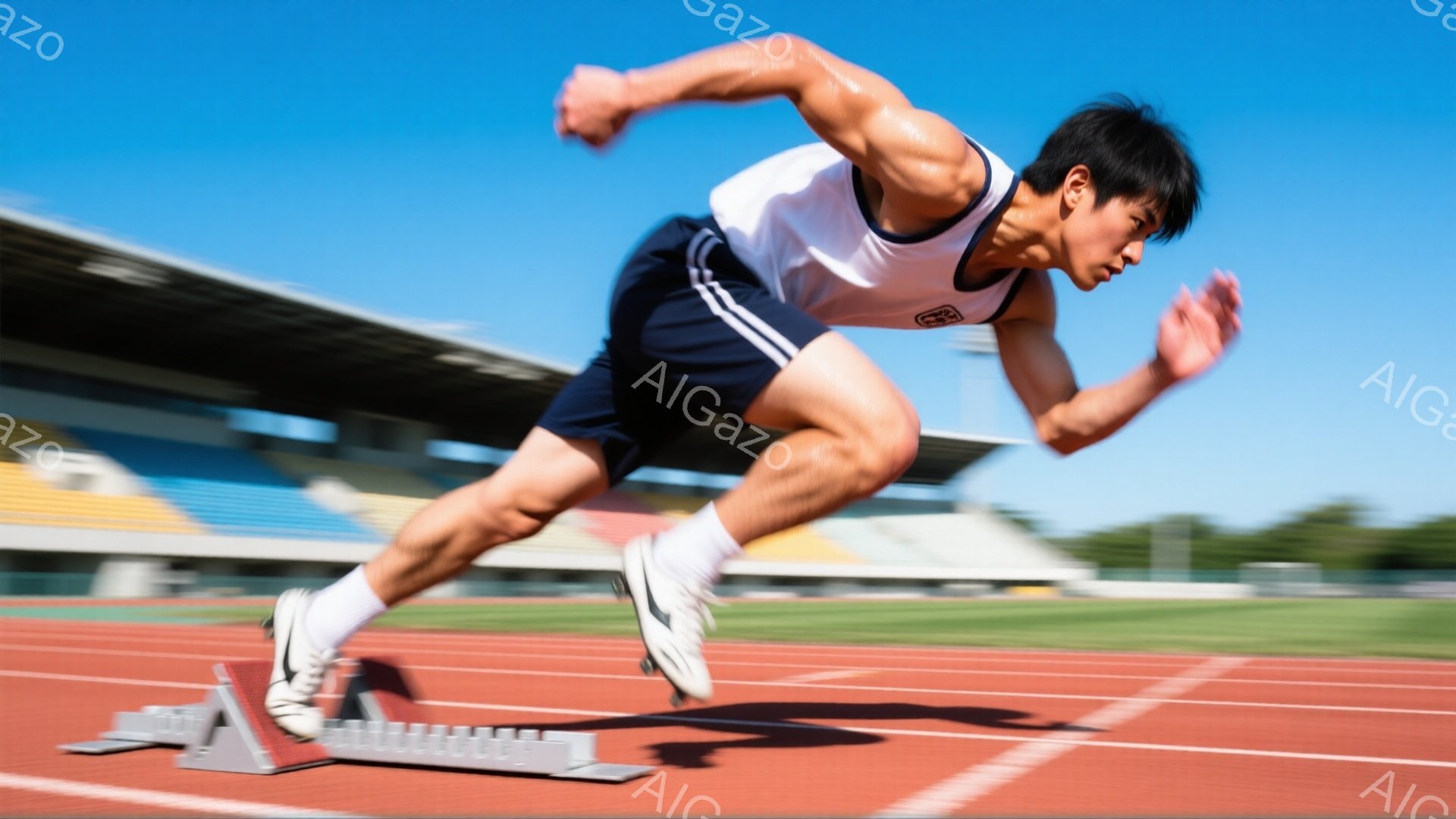競技場を疾走する男性ランナーが写っている。彼は白いタンクトップと紺色の短パンを着用し、真っ黒な短髪である。背景には観客席と緑の芝生、そして晴天の青空が広がり、競技の熱気が伝わってくる。