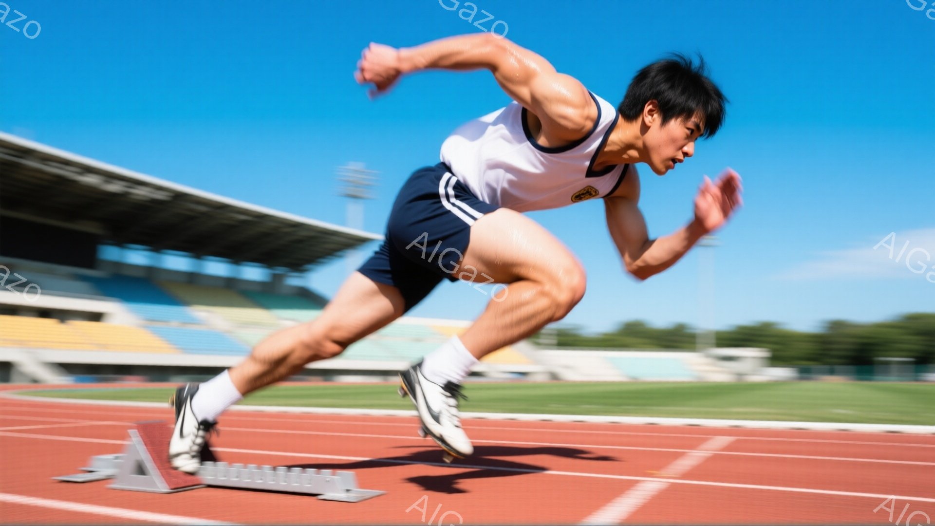 短距離走者がスタートダッシュを切っている様子が捉えられています。彼は白いタンクトップに青い短パン姿で、髪は短く整えられています。背景には観客席と晴れた青空が見え、競技場の活気ある雰囲気が伝わってきます。