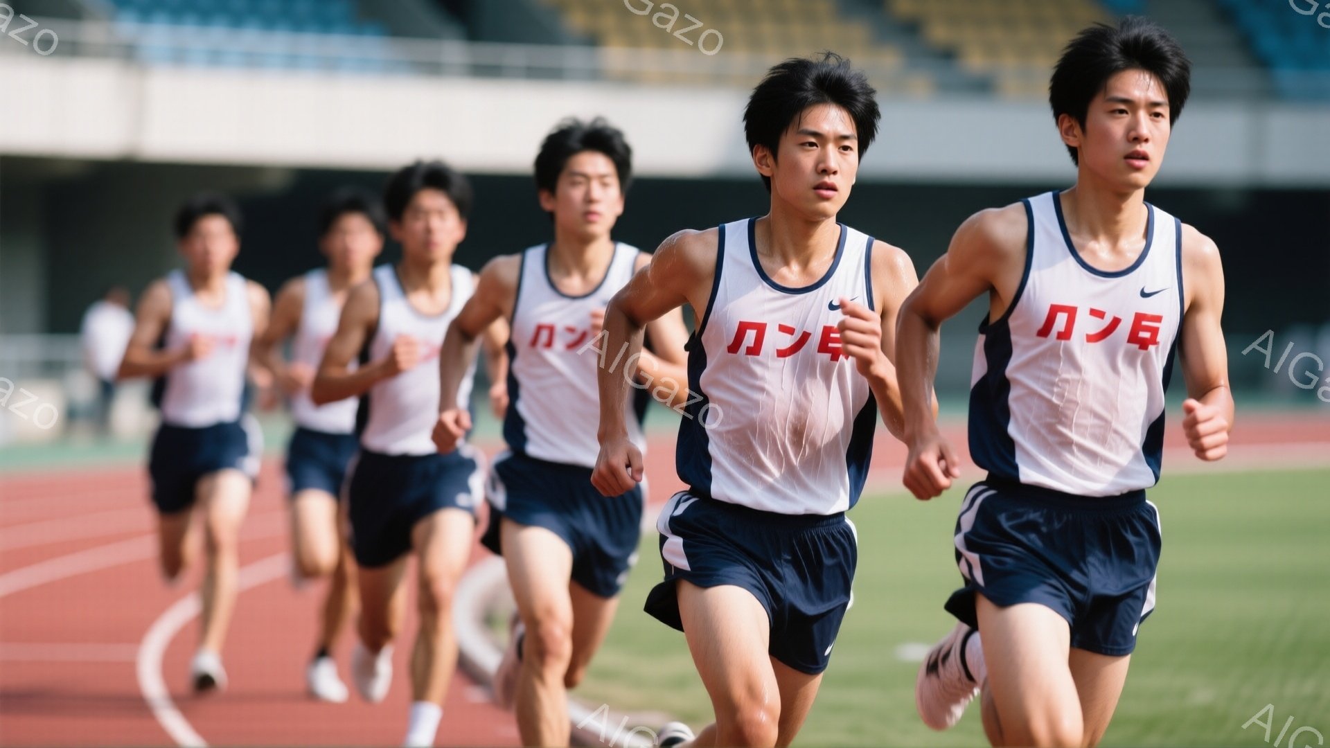 短いランニングパンツとタンクトップ姿の男子学生たちが競技トラックを走っている。タンクトップには漢字で「風」と書かれており、彼らは真剣な表情で前を見据え、力強く腕を振って走っている。トラックの背景には観 - AI生成フリー素材