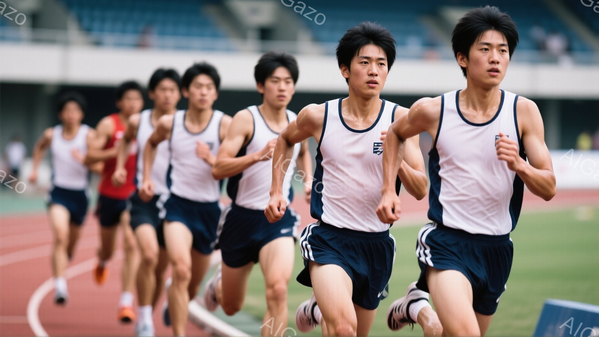 複数の若い男性たちがトラックを全力疾走している様子が写っている。彼らは皆、白いタンクトップと紺色の短パン姿で、髪型は短く整えられている。表情は真剣で、集中して走っている様子が伝わってくる。 - AI生成フリー素材