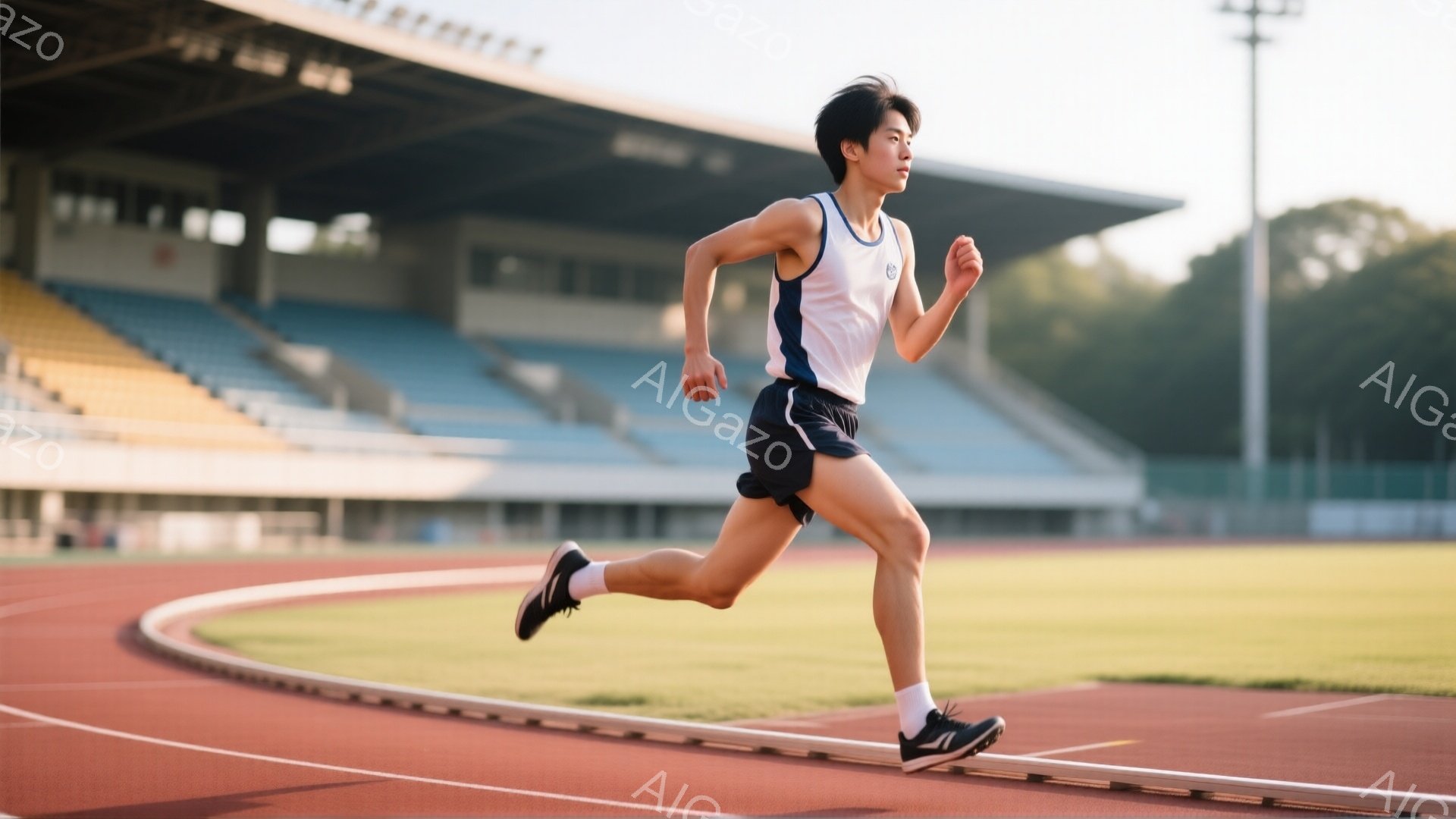 陸上競技場で走る若い男性が写っている。彼は白いタンクトップと黒い短パン、白いソックスと黒いランニングシューズを着用し、前髪が少し長めの黒髪である。トラックのカーブを勢いよく走り、集中した表情で、競技場 - AI生成フリー素材