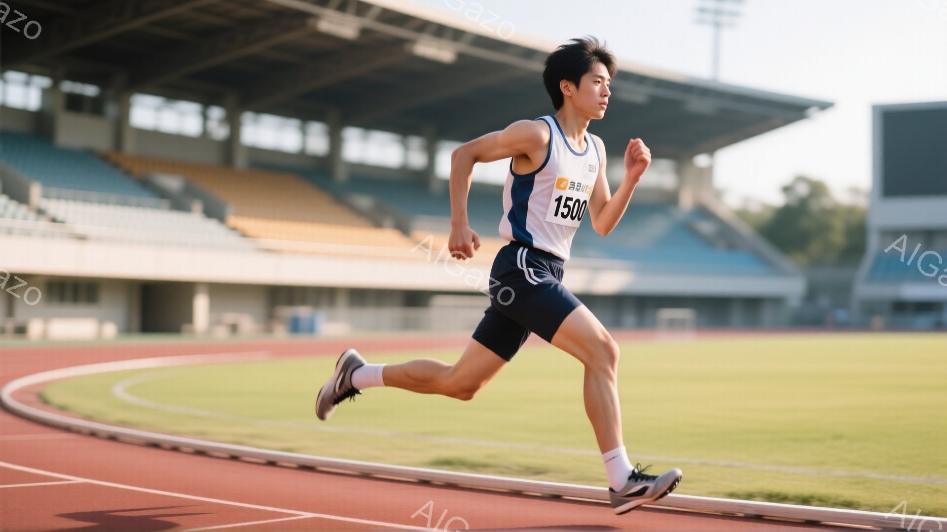 短距離走をする若い男性が写っている。彼は紺色の短パンと白いタンクトップ姿で、髪は短く整えられている。背景にはトラックと観客席があり、晴れた日の競技場での様子がうかがえる。