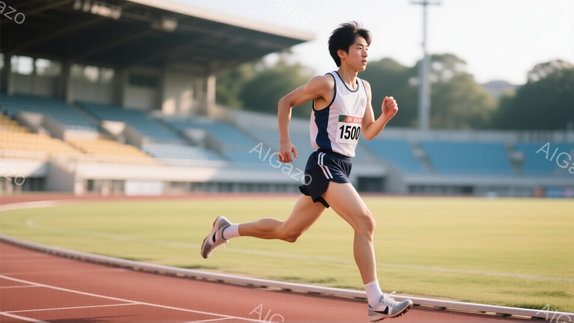 競技場を疾走する若い男性ランナーが写っている。彼は白いタンクトップと紺色の短パンを着用し、白いソックスとランニングシューズを履いている。背景には観客席と緑豊かな丘が見え、晴れた日の競技場の活気ある雰囲気が伝わってくる。
