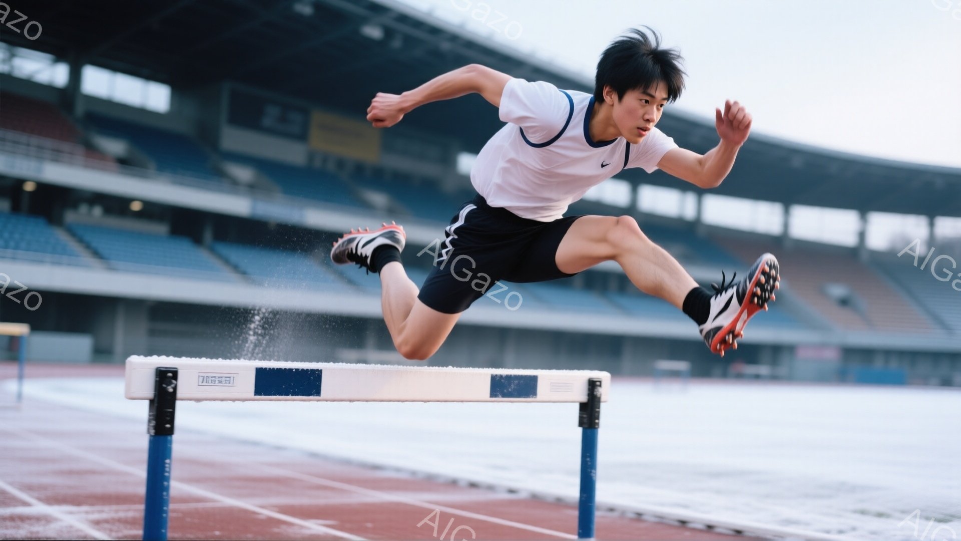 競技場を疾走する若い男性アスリートが写っている。彼は白い半袖シャツと黒の短パンを着用し、黒髪を短く整えている。ハードルを飛び越える瞬間を捉えており、力強く集中した表情で、高い跳躍力と競技への情熱が感じられる。