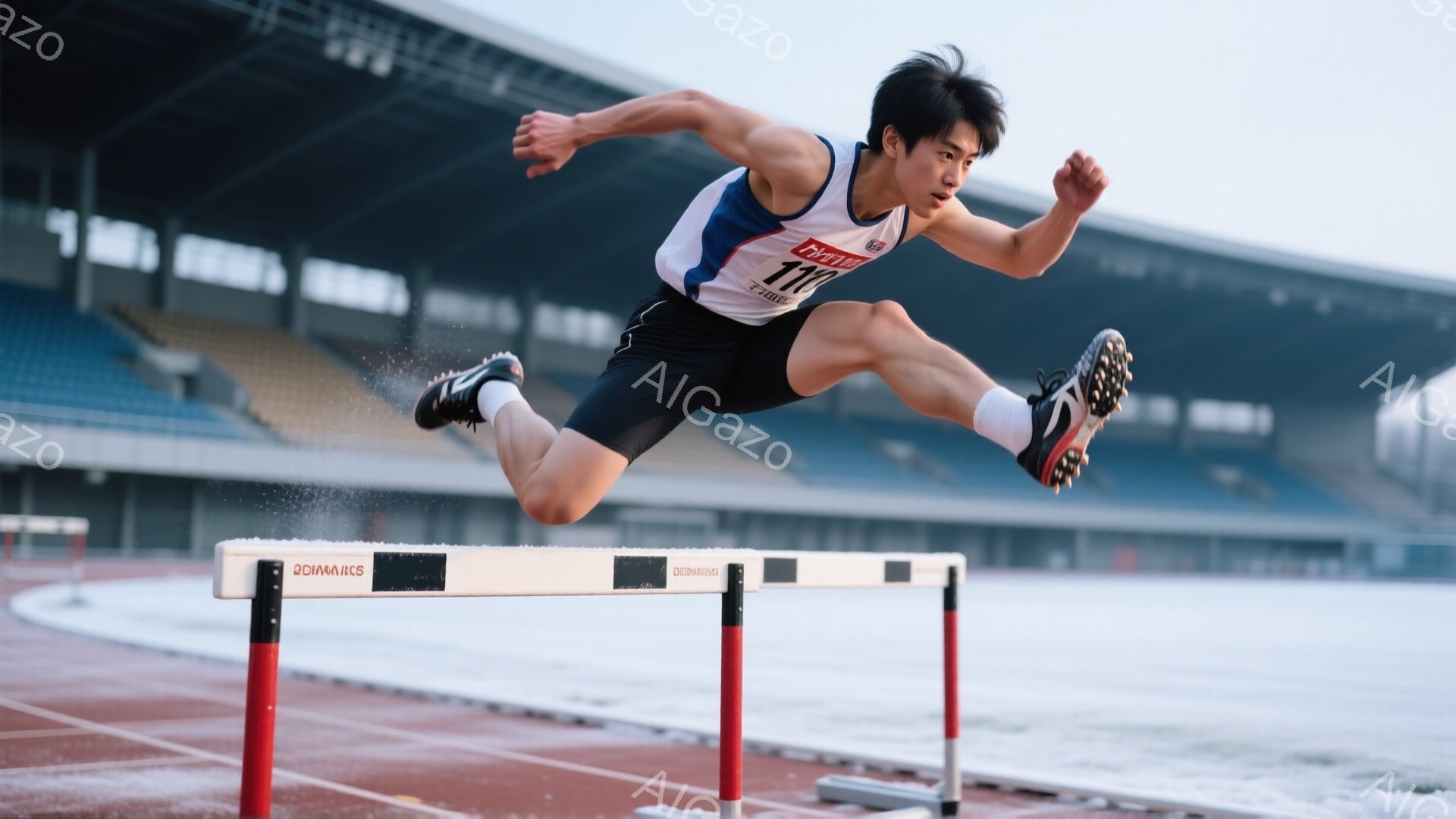 男性の陸上競技選手がハードルを飛び越えている瞬間を捉えた写真です。彼は黒の陸上競技用ショーツと、赤、白、青のタンクトップを着ており、髪は短く整えられています。背景には観客席とぼやけた建物があり、トラッ - AI生成フリー素材