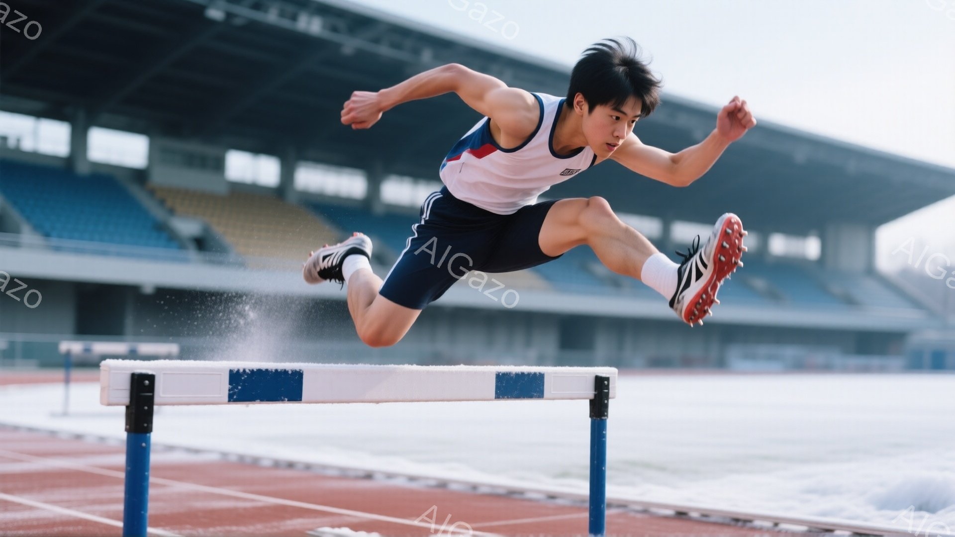 競技場を疾走する男性の陸上選手が写っている。白いタンクトップと紺色の短パン姿で、黒髪を短く刈り込んでいる。彼はハードルを飛び越えようとしており、力強く前傾した姿勢で、集中した表情をしている。 - AI生成フリー素材