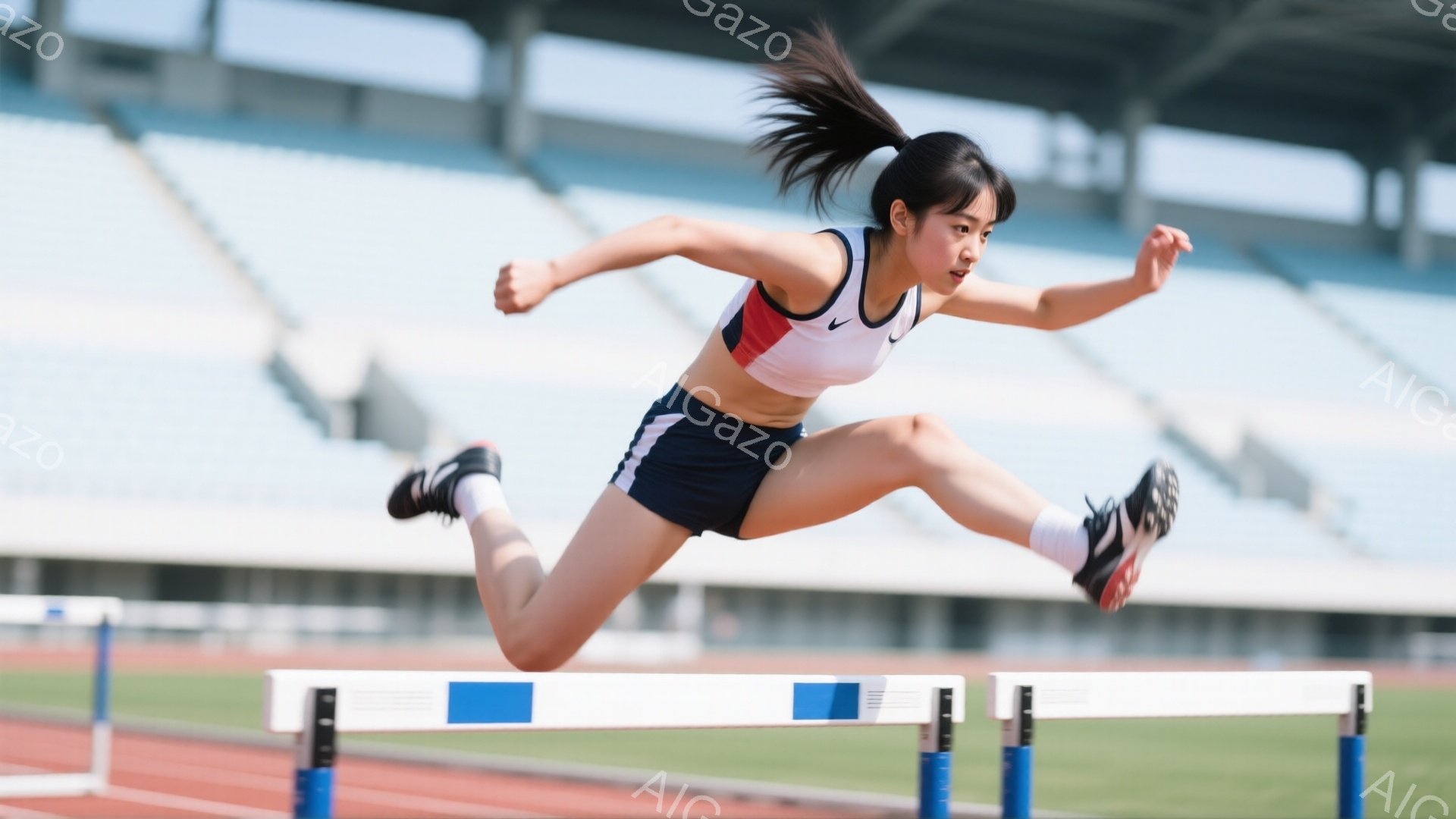 競技場を舞台に、若い女性がハードルを飛び越える瞬間を捉えた写真です。彼女は白とネイビーのランニングウェアに身を包み、髪は高い位置でポニーテールに結ばれています。躍動感あふれる姿勢と、集中した表情が印象 - AI生成フリー素材